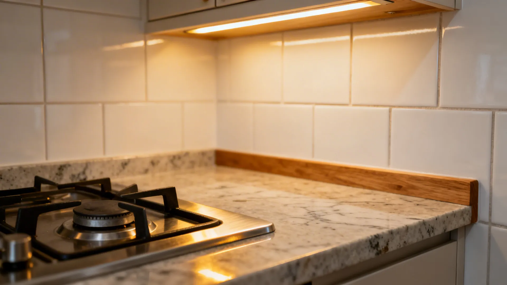 Gas stove burner on marble countertop with white wall tiles and warm under cabinet light