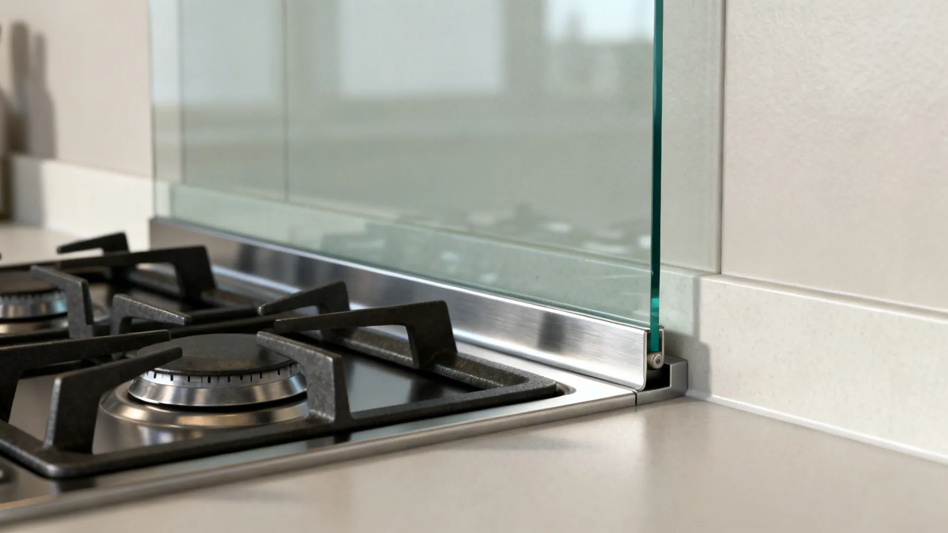 Macro of tempered glass or metal shield behind a gas cooktop next to PVC panels.