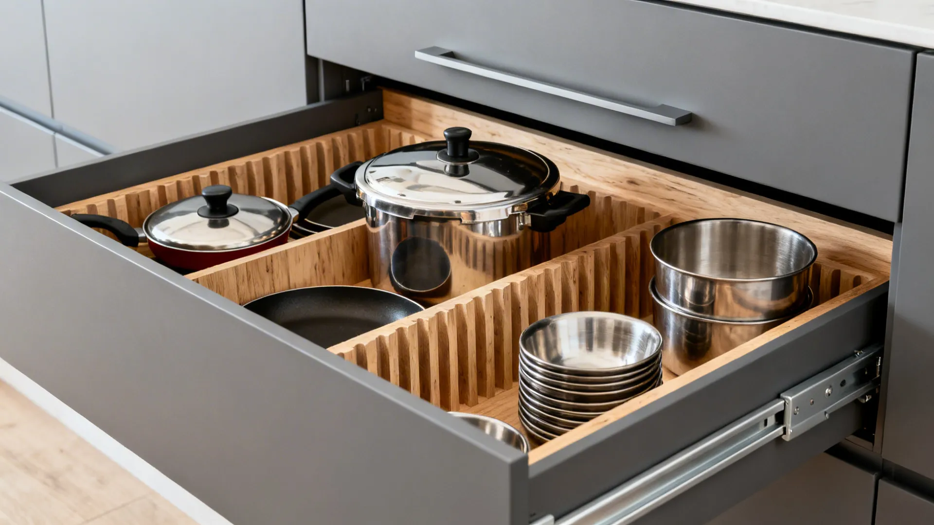 Grooved Drawer Organizers for Indian Cookware