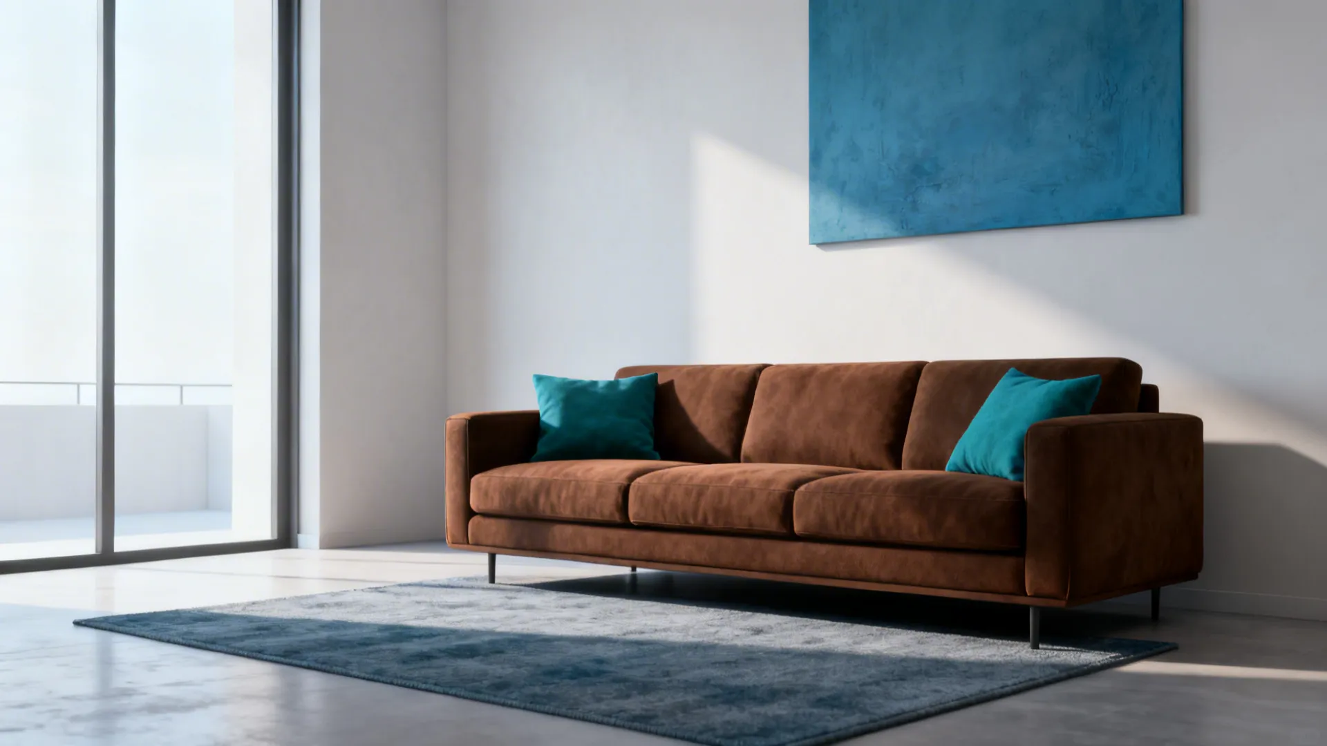 Brown sofa with blue pillows on a grey rug under a large blue wall painting