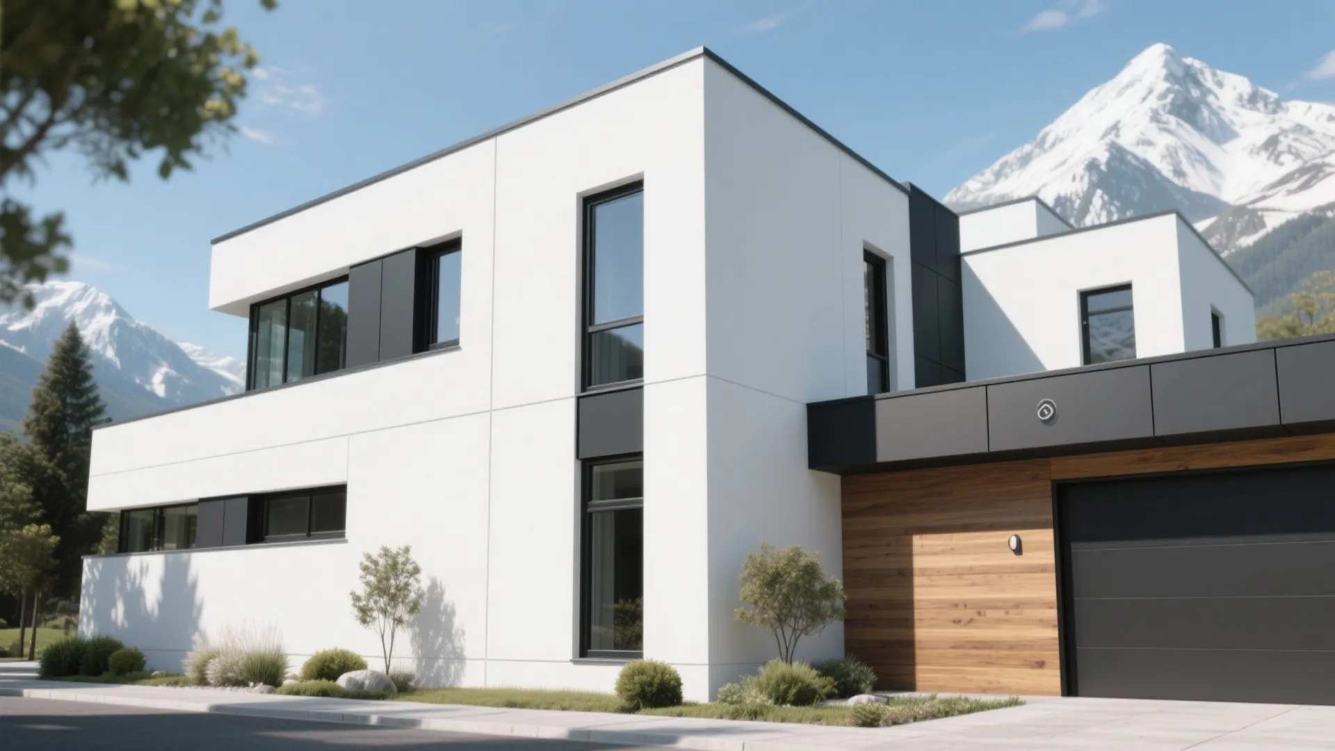 Modern white house with wood panels and black garage door against snowy mountain landscape background