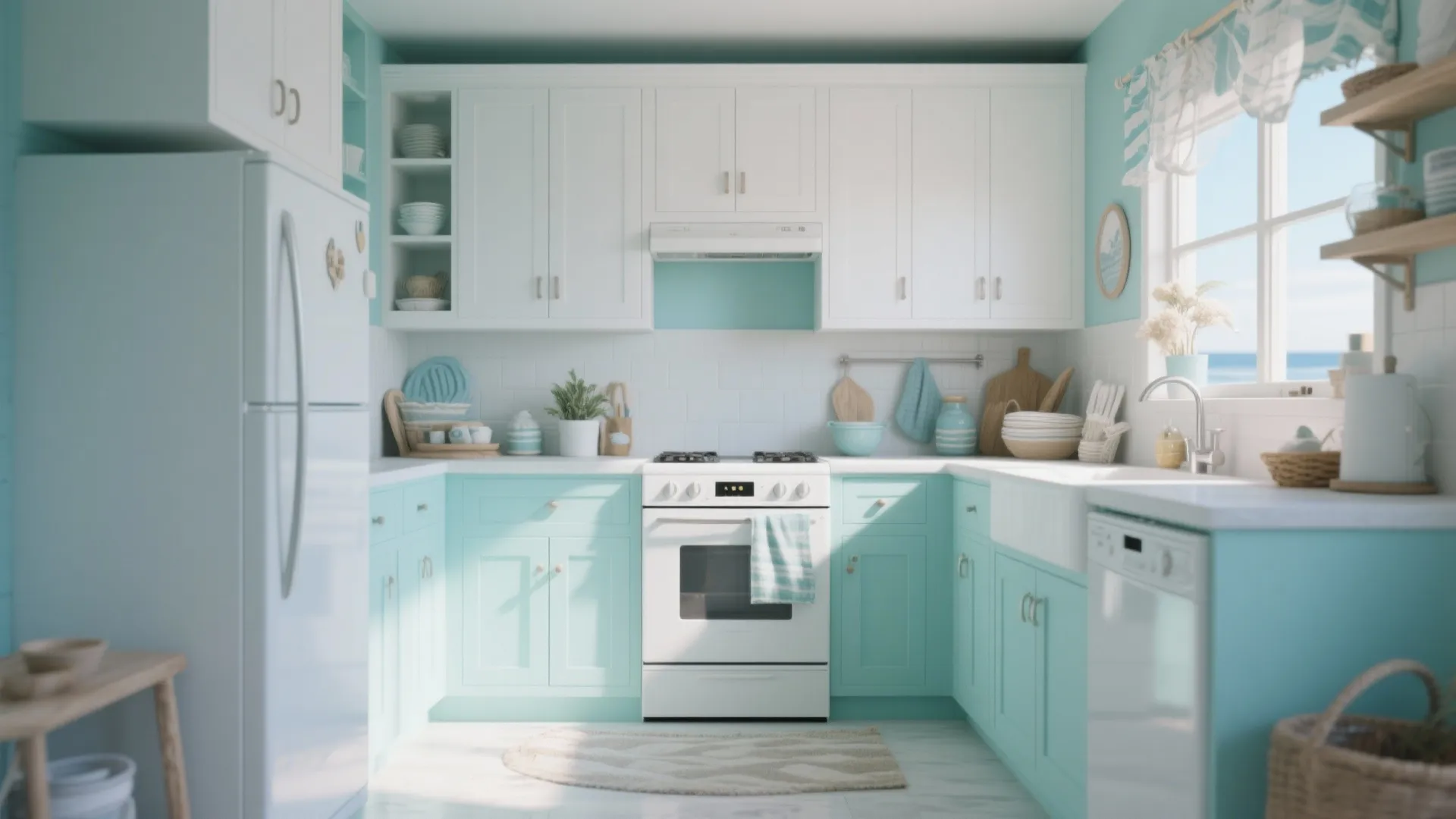 Bright light blue and white kitchen with stove oven white fridge and a small rug