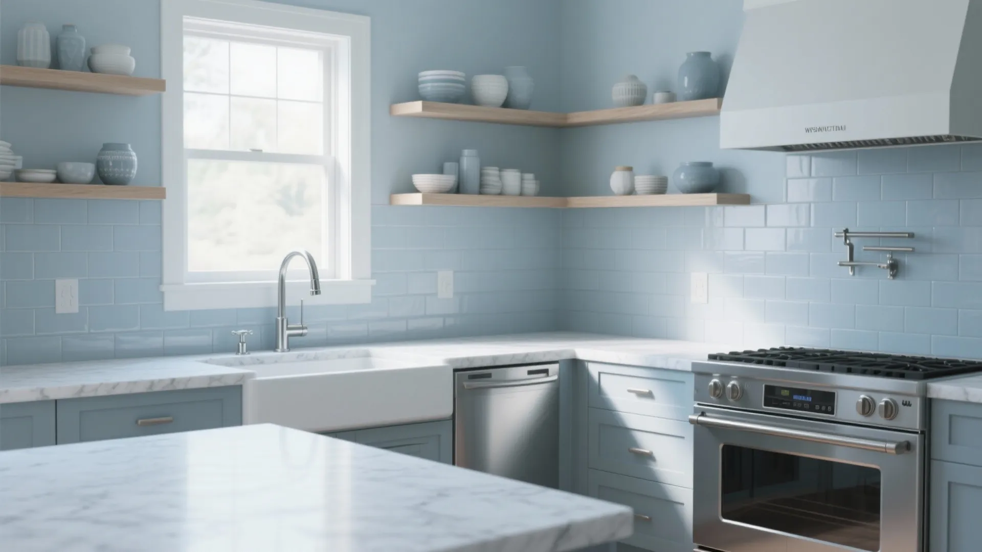 Modern blue kitchen with marble countertop white sink open wooden shelves and stainless steel gas stove