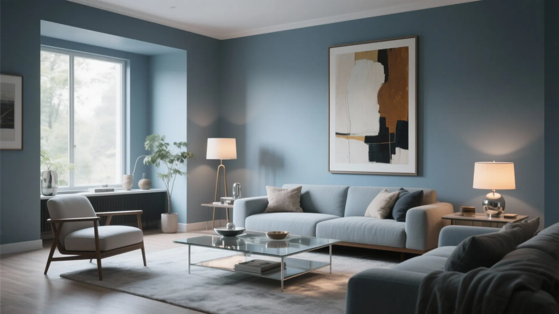 Modern living room featuring blue walls light grey sofa glass coffee table and abstract wall art