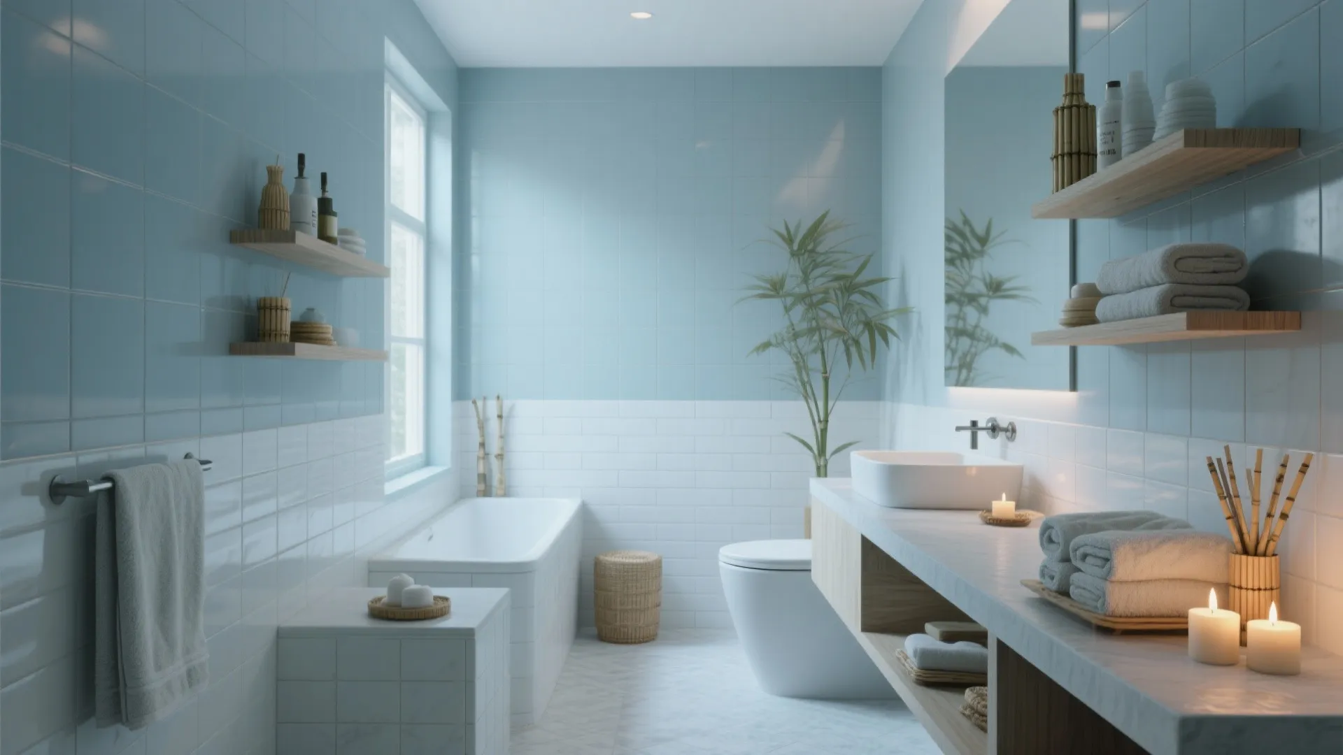 Bright blue and white bathroom with wooden shelves folded towels candles green plant and bathtub