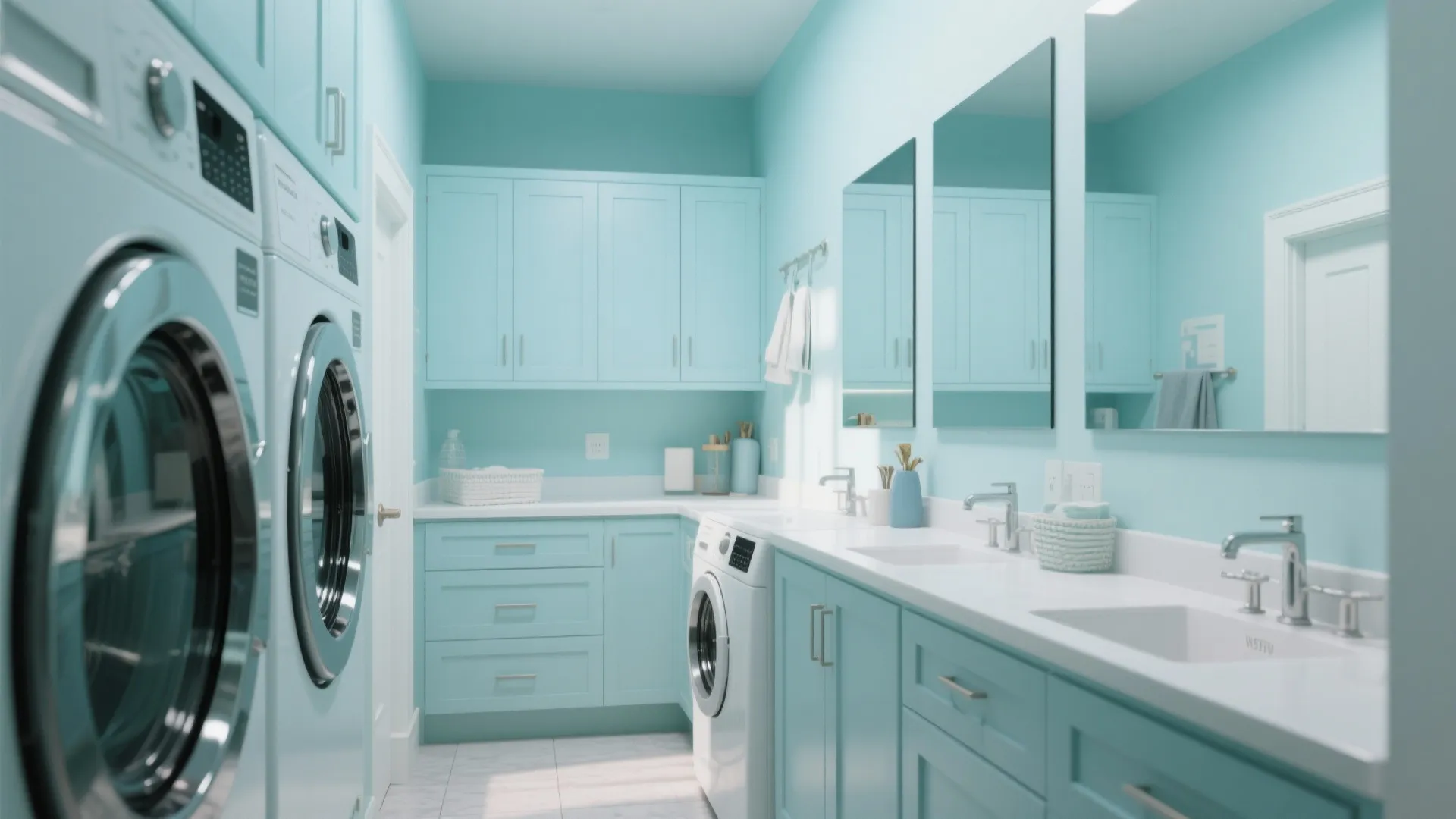 Modern blue laundry room with matching cabinets and white sinks under large rectangular wall mirrors