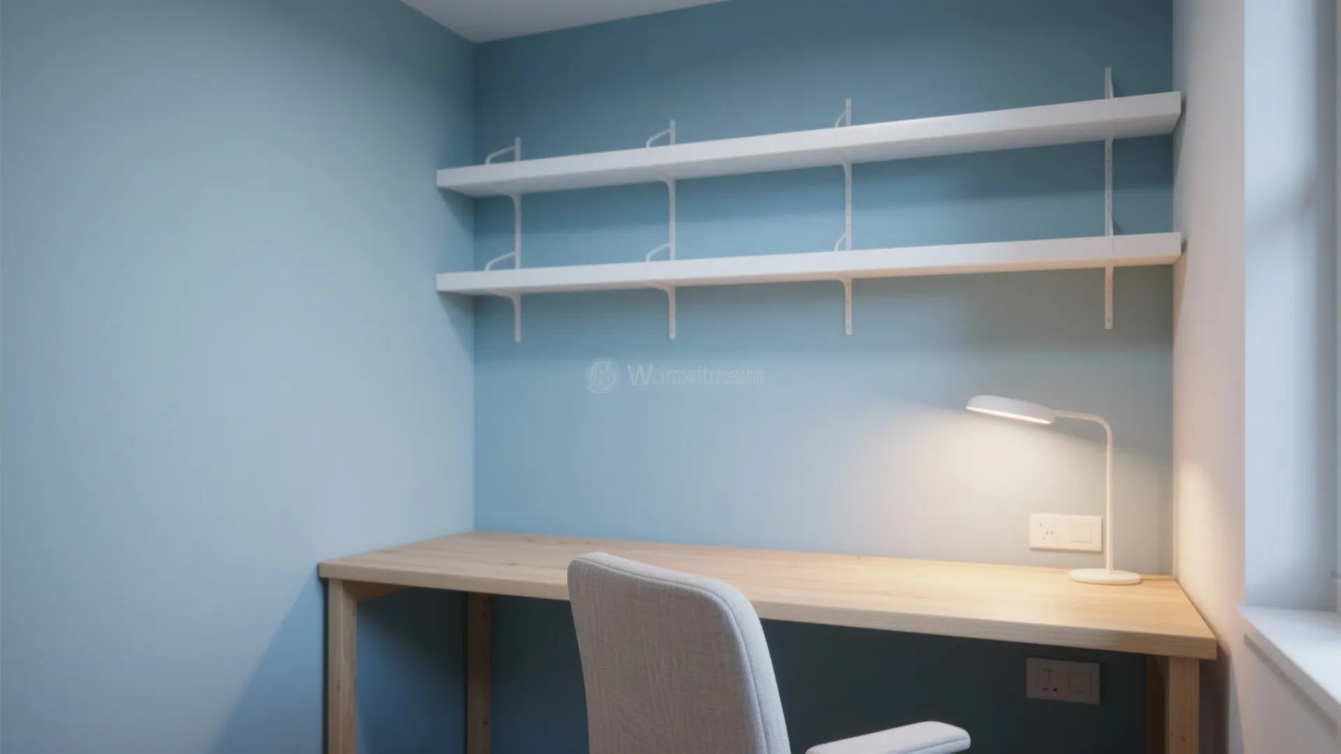 Blue study corner featuring wooden desk white shelves small desk lamp and grey office chair