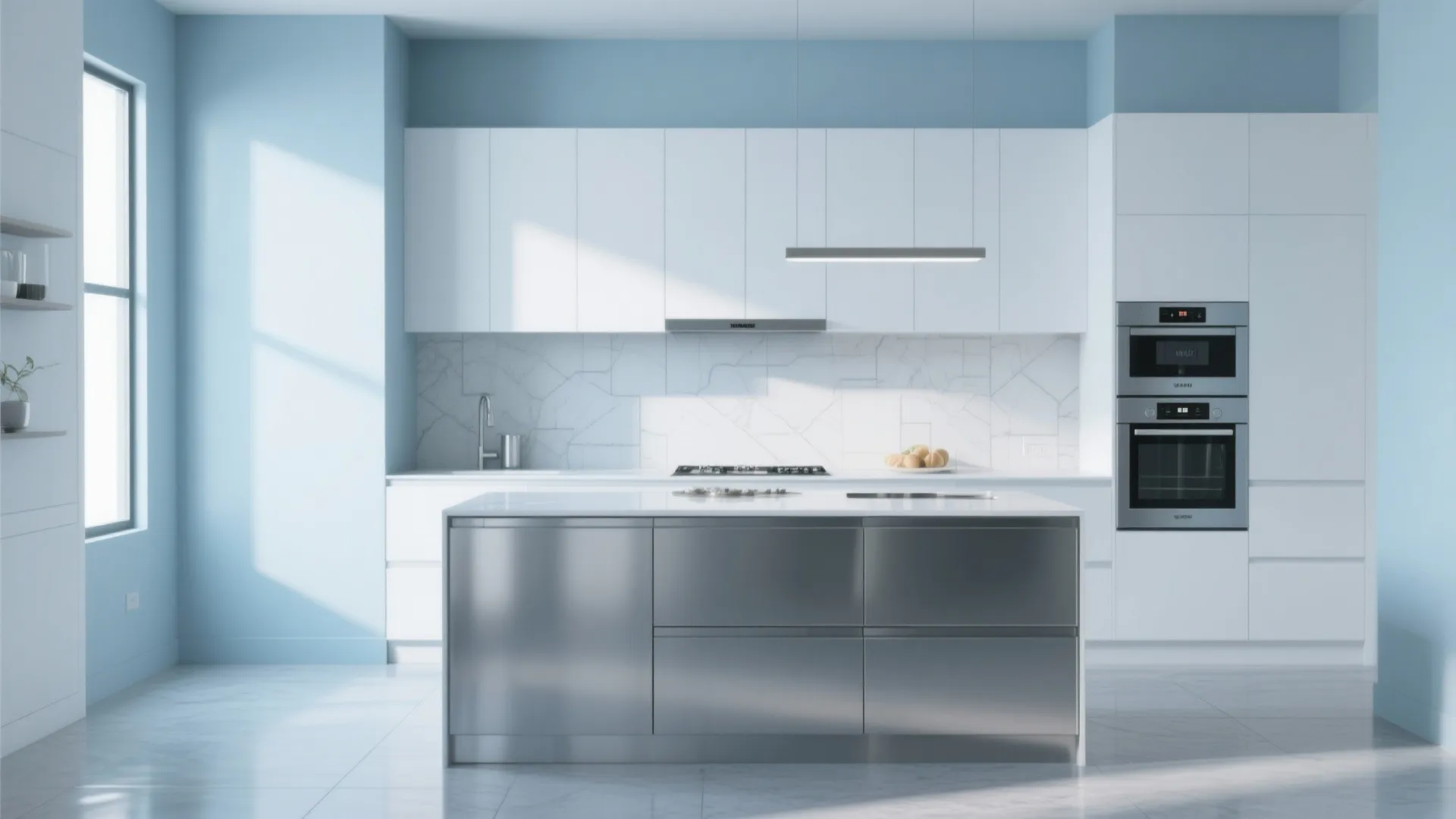 Modern kitchen with light blue walls, white cabinets, stainless steel island, marble backsplash, and ovens