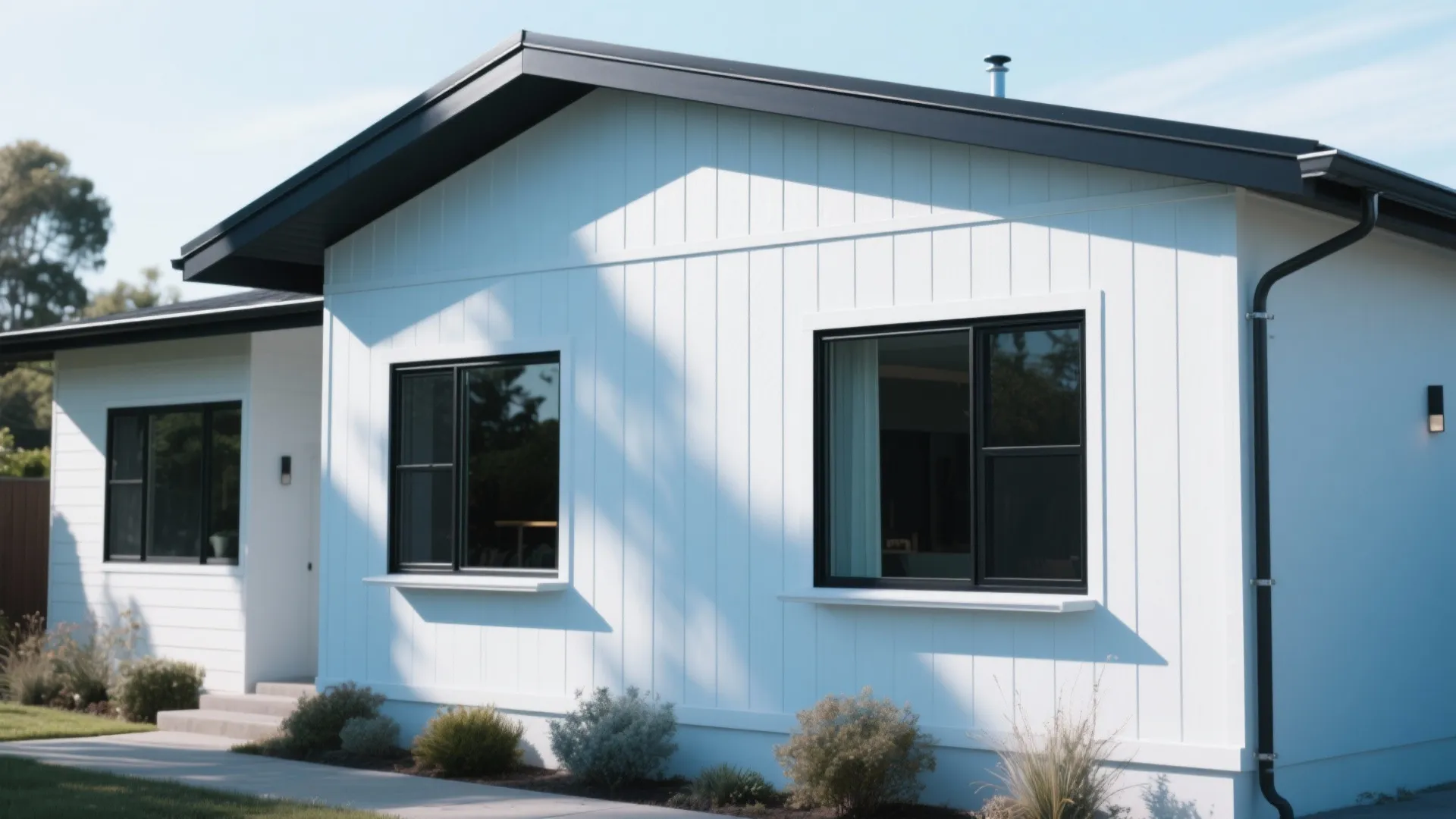 Modern white house exterior with black window frames dark roof trim and small green garden plants