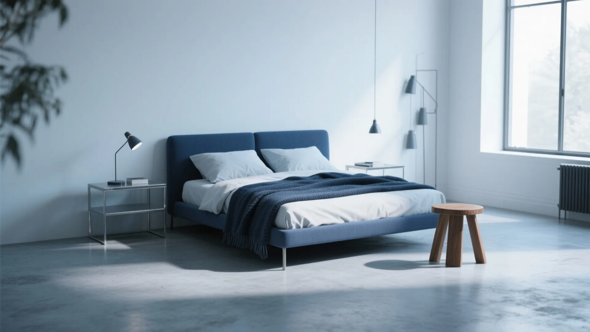 Modern bedroom with a blue bed on concrete floor next to a large bright window