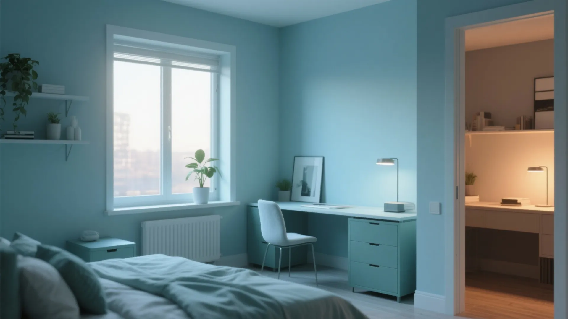 Compact bedroom painted in pale slate and muted teal with minimal furniture and soft daylight.