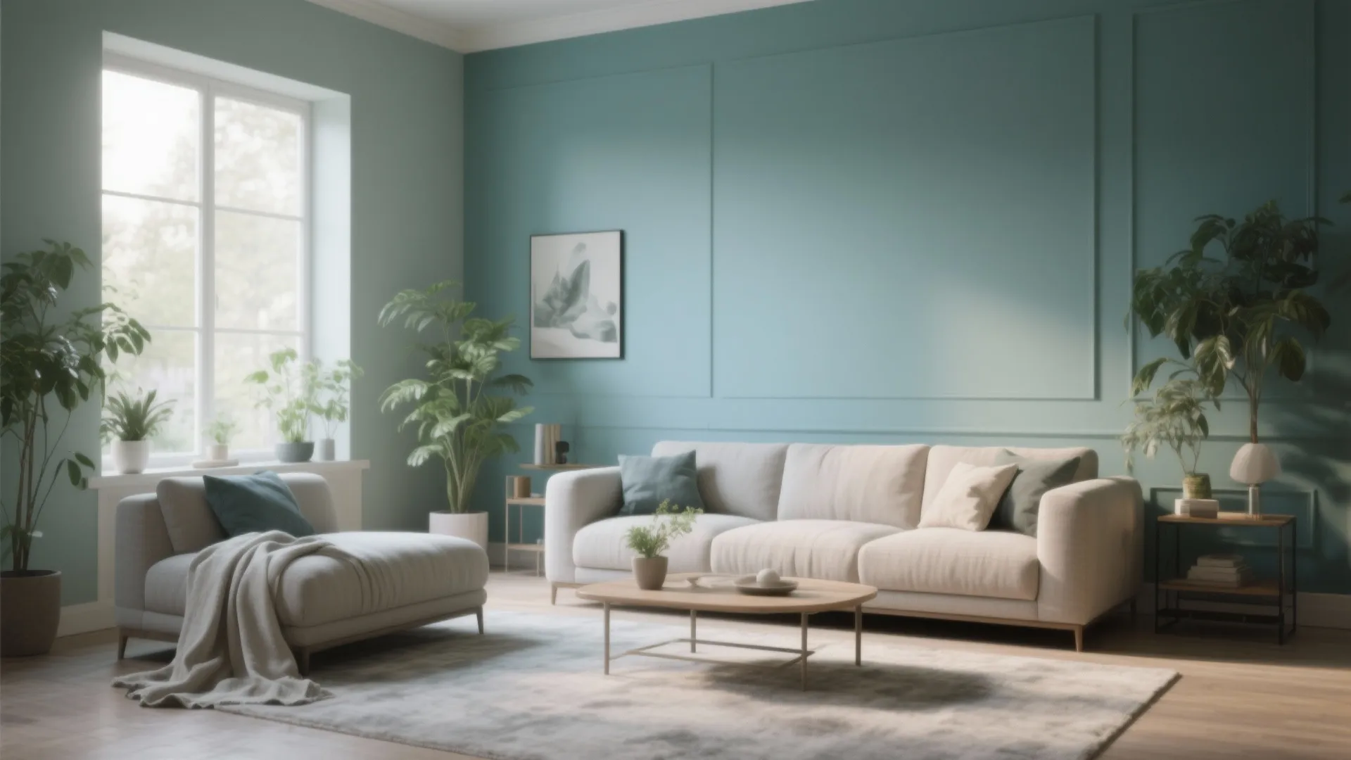 Modern living room with blue green wall panels white sofa coffee table and green potted plants