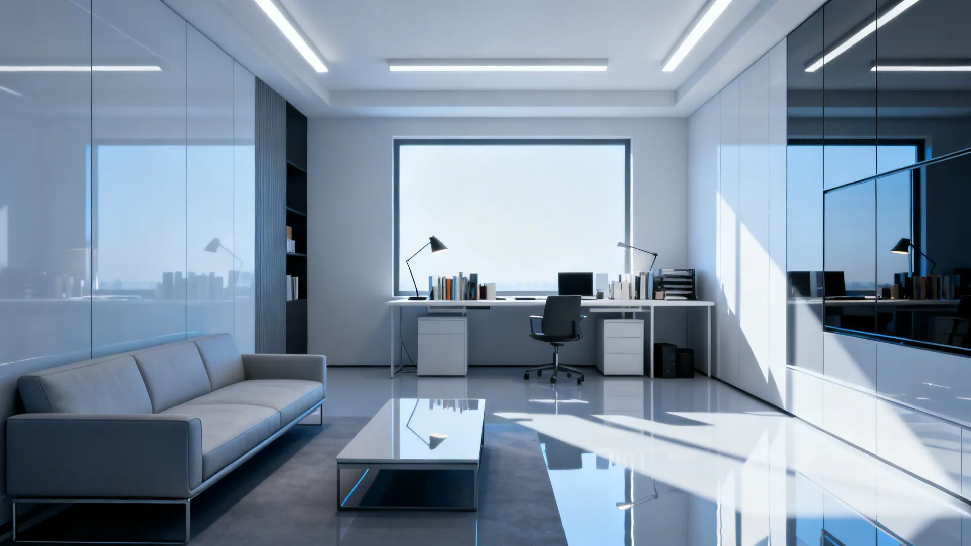 Small living room brightened by cool 4000K–5000K lighting with a clear work corner.