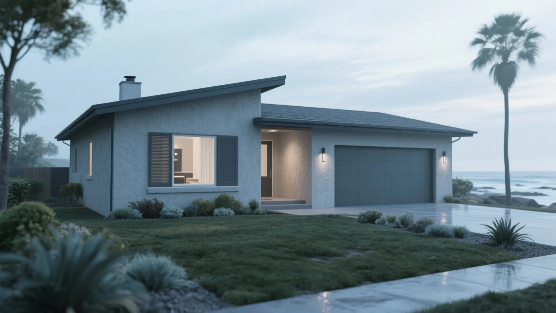 Modern white house with sloping roof garage green grass palm tree and ocean in background