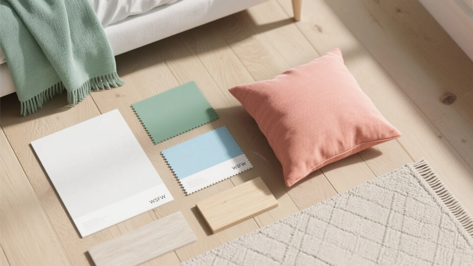 Top-down flatlay of soft white, sage green, pale blue and coral fabric and paint swatches with wood sample.