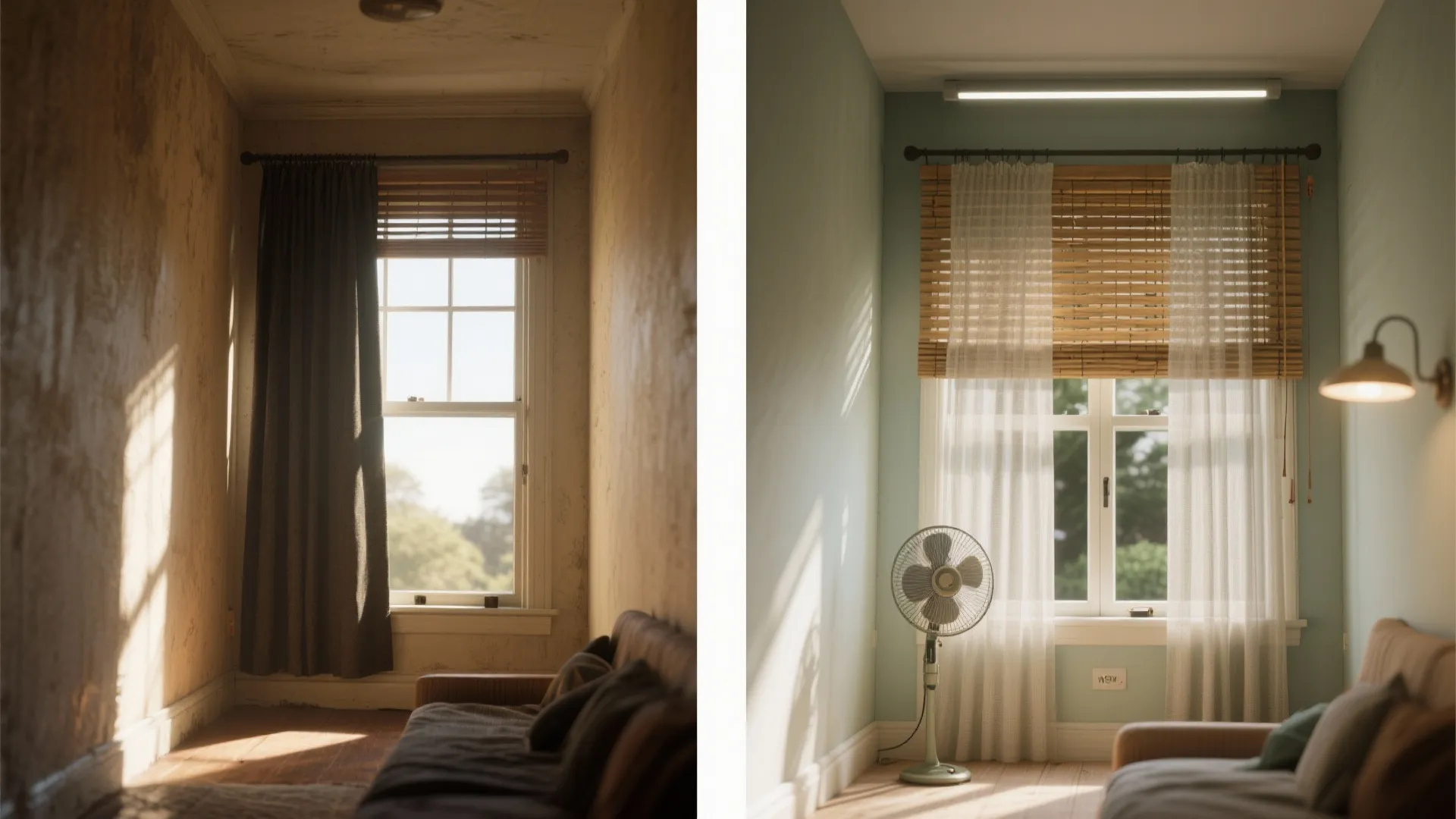Before and after comparison of a dark room versus a bright room with light walls