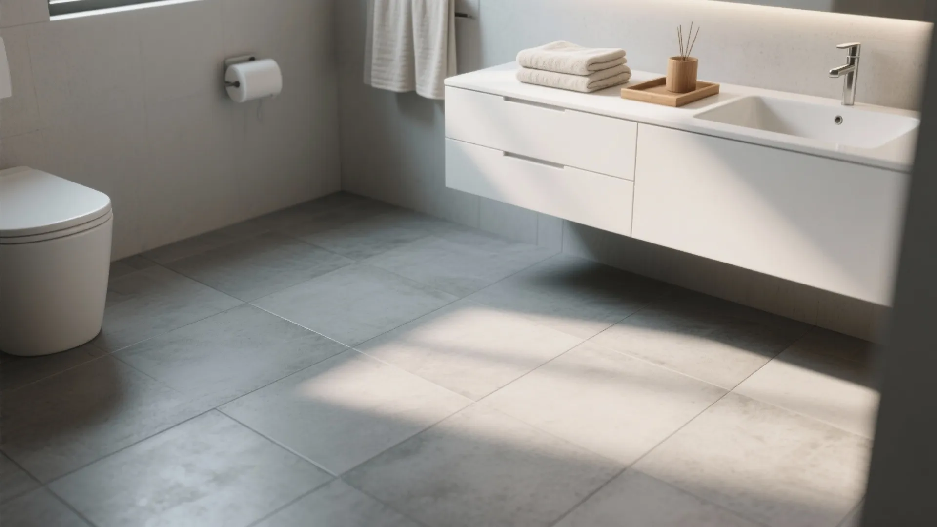 Minimalist bathroom with gray floor tiles white wall cabinet toilet paper holder and natural morning sunlight
