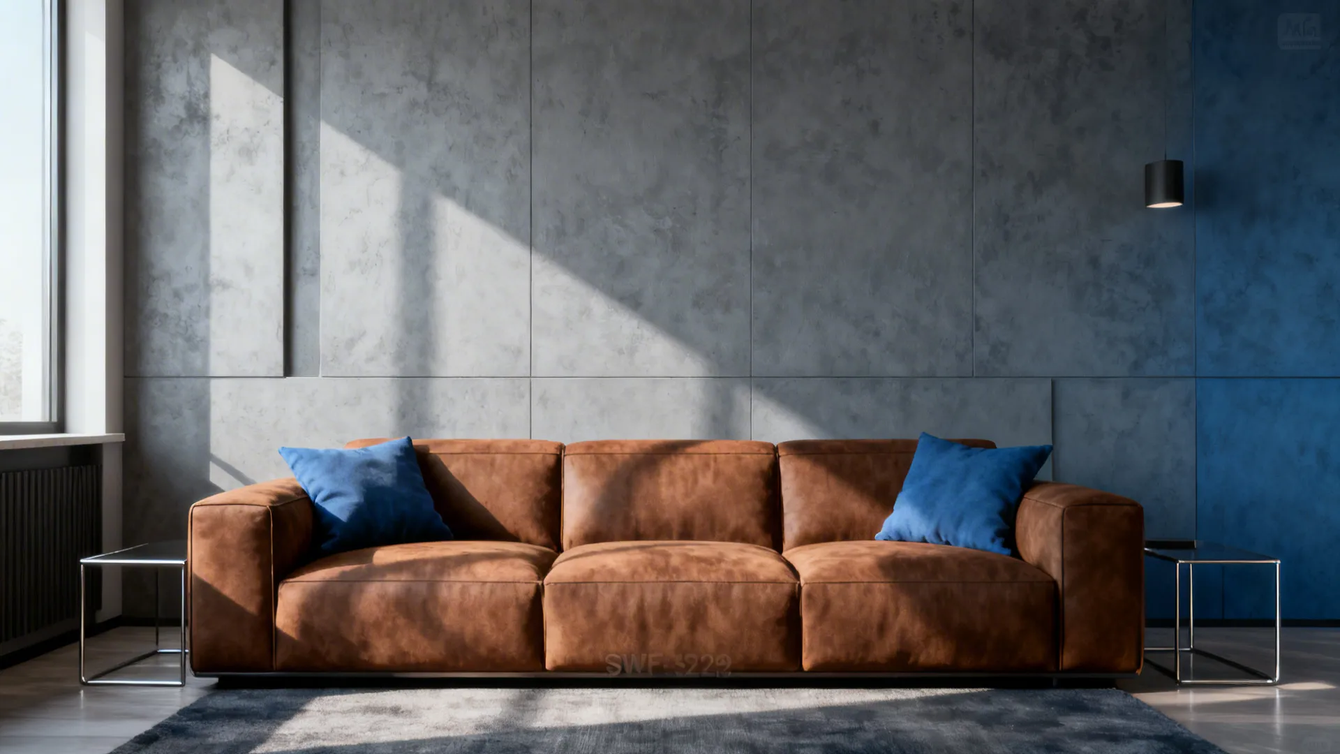 Brown couch set against a slate-gray wall with slate-blue cushions for contrast