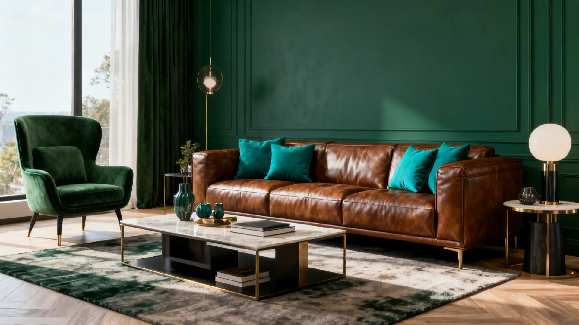 Brown leather sofa paired with teal pillows and a forest-green armchair in a modern living room.