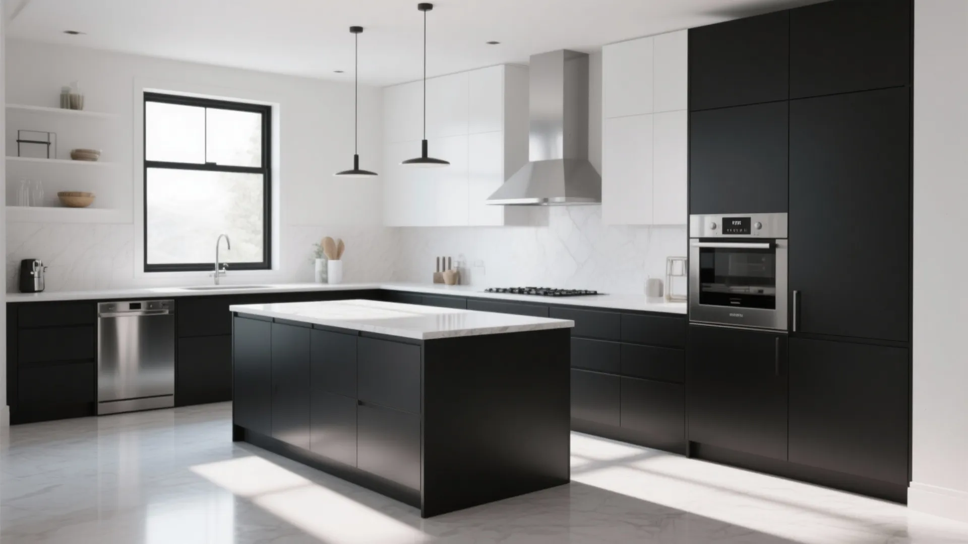 Modern kitchen with cool white walls contrasted against charcoal cabinets and black window frames.