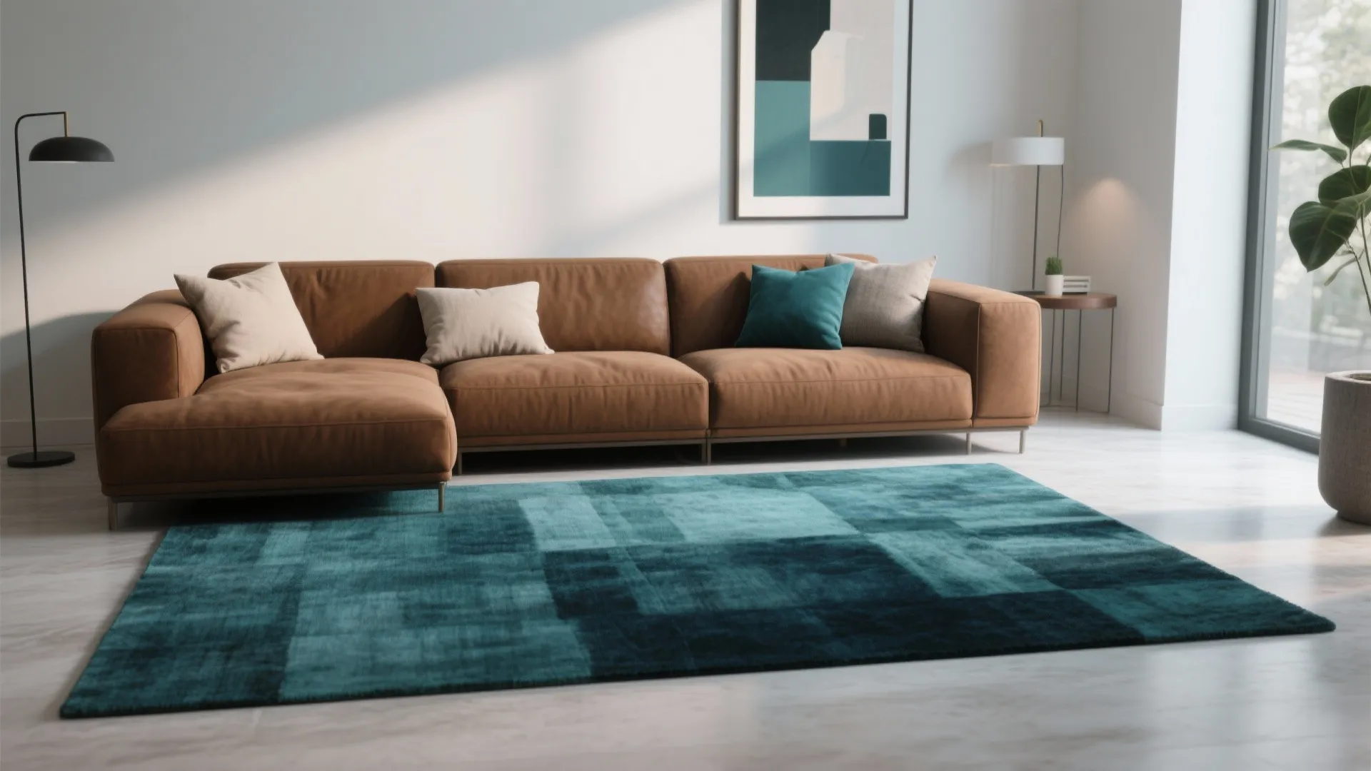 Modern living room showing a teal rug paired with a brown sofa for cool contrast and balance.