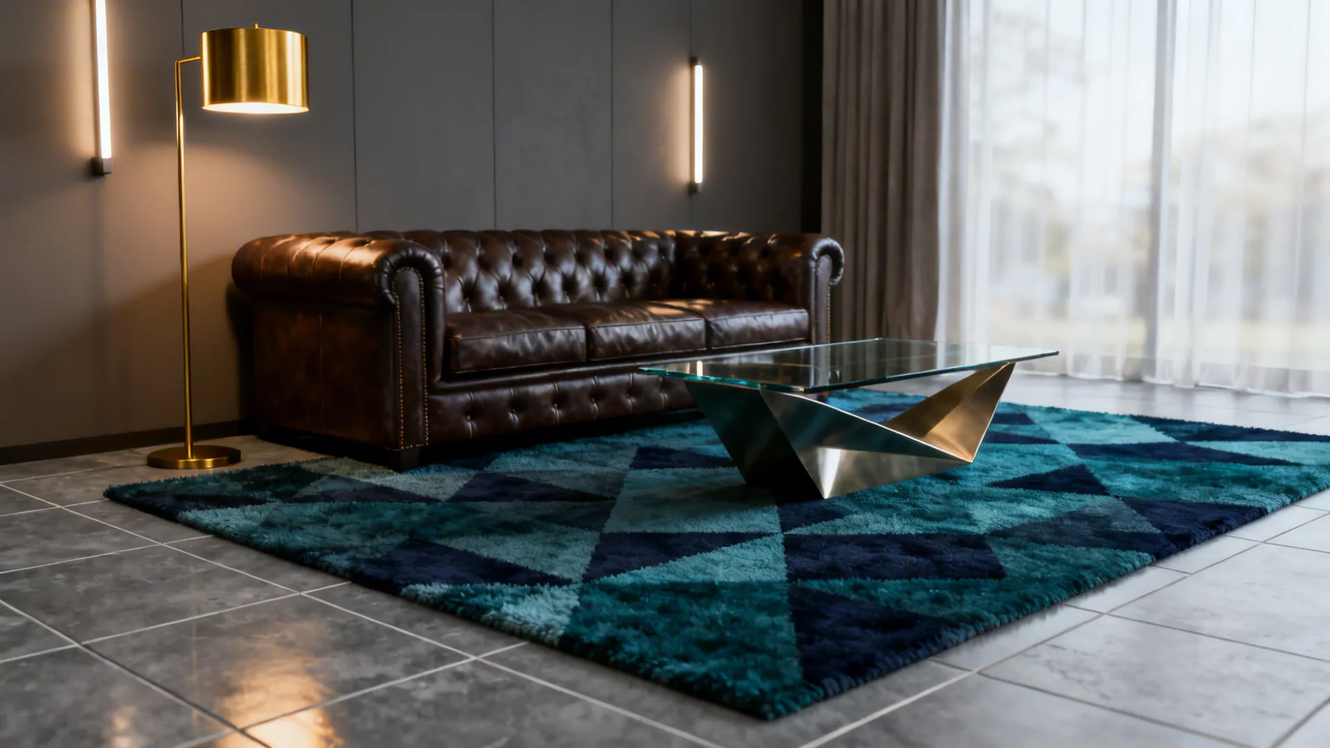 Modern living room with a dark brown sofa and a deep teal contrast rug with brass accents