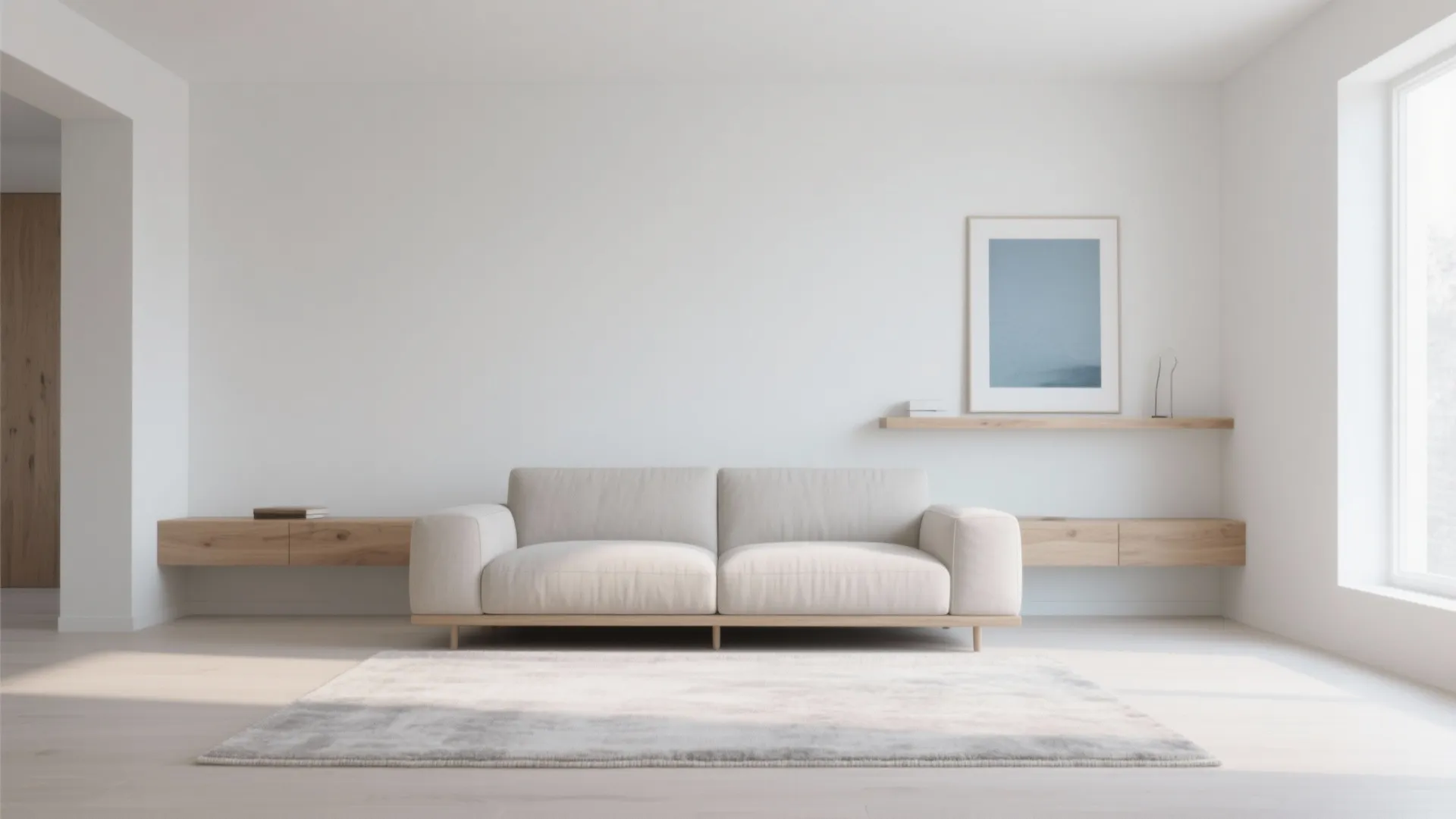 Minimalist white living room with cream sofa, grey rug, wooden floating shelves, and framed art