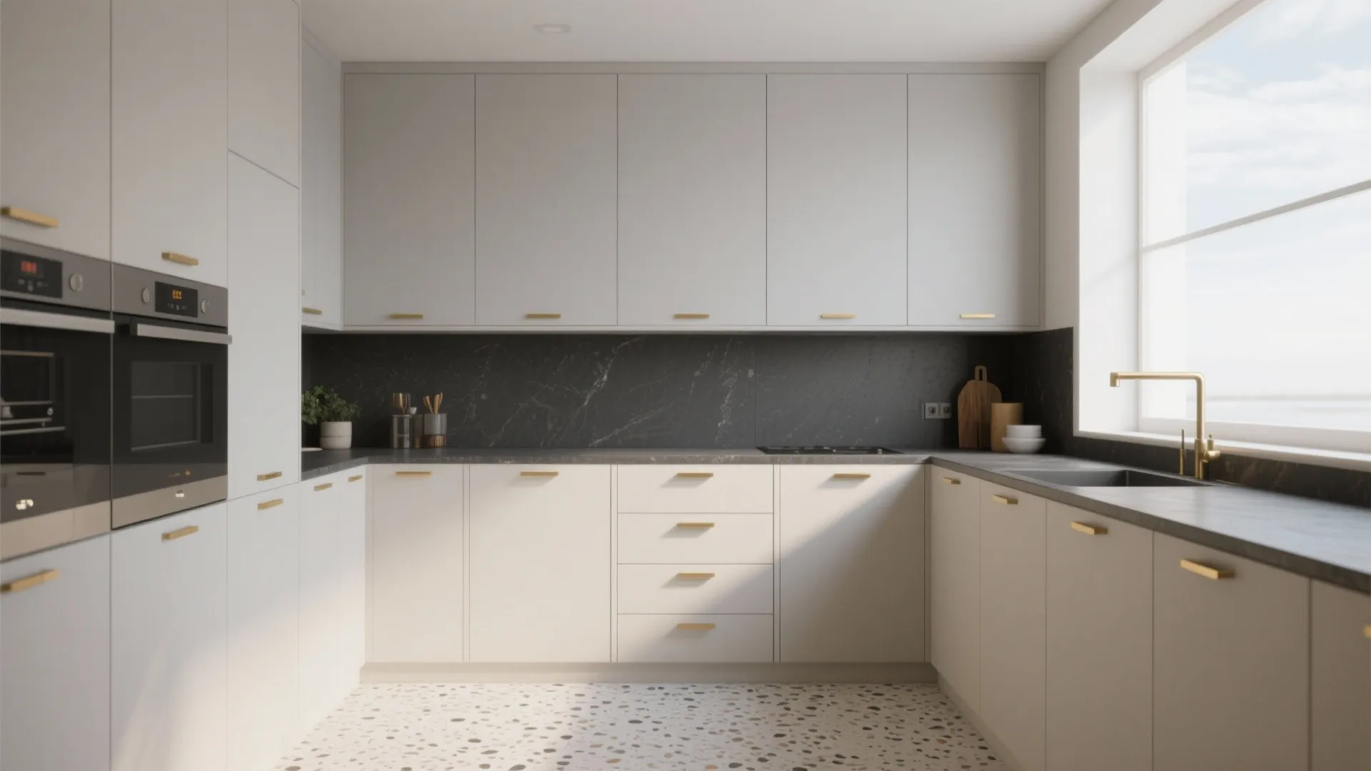 2. Cool Cream with Matte Finishes and Brass Hardware