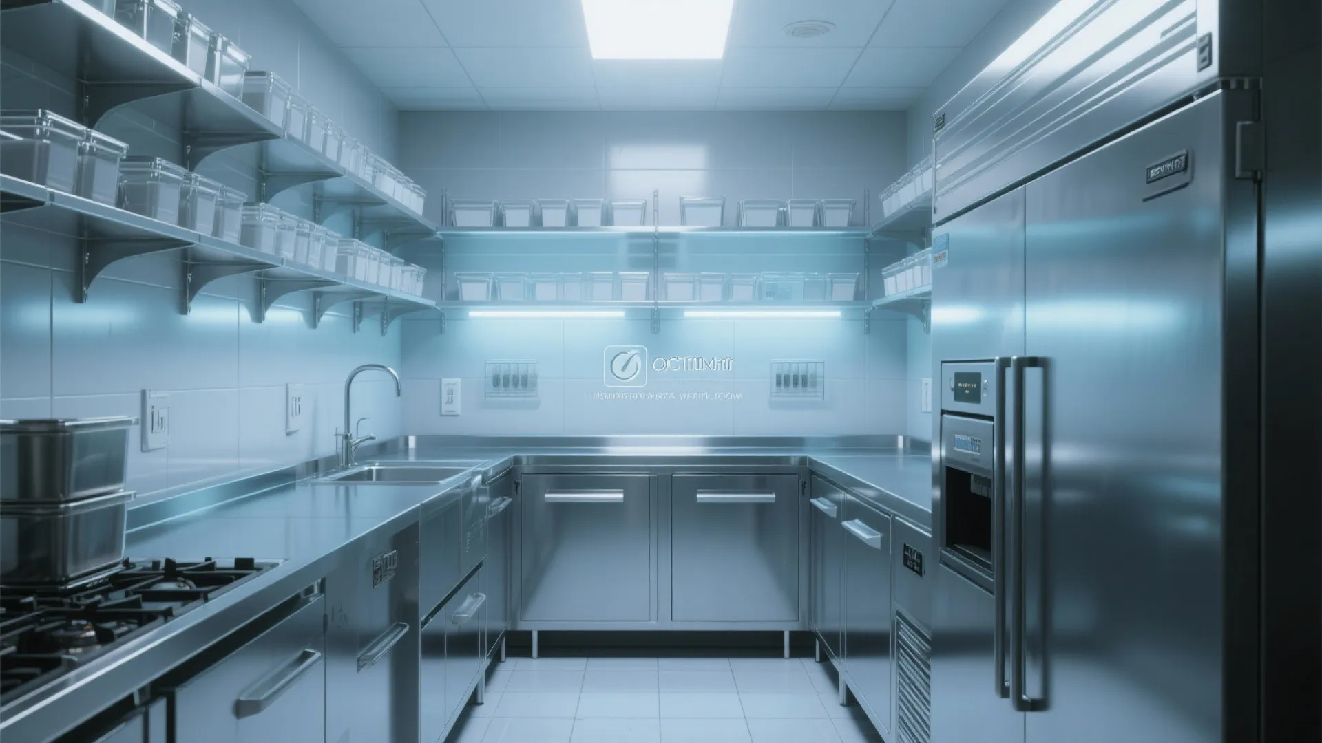 Modern commercial kitchen interior design with stainless steel counters cabinets shelving and bright blue light fixture