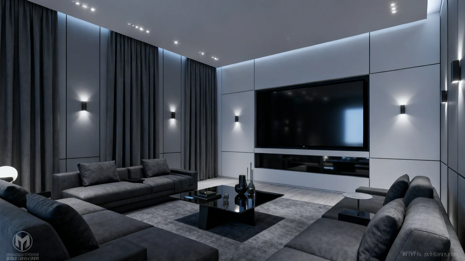 Modern media room with cool gray blackout curtains and minimalist furnishings