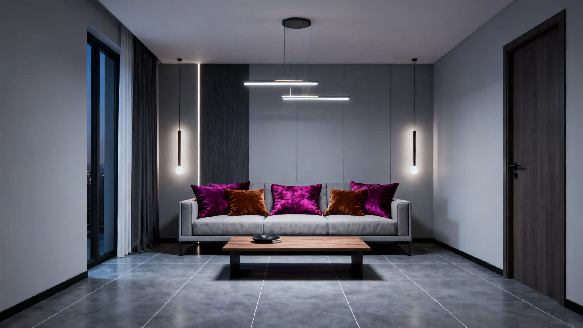 Small living room with cool gray tiles and jewel-toned accents