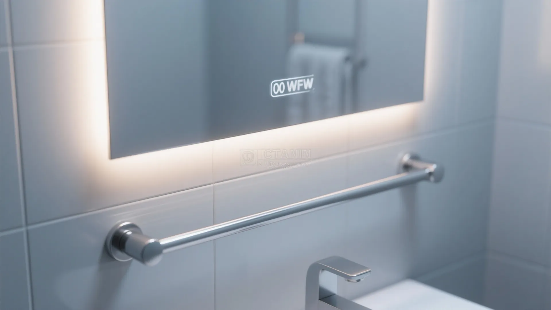 Backlit bathroom mirror above a metal towel rail with blue gray wall tiles and silver faucet