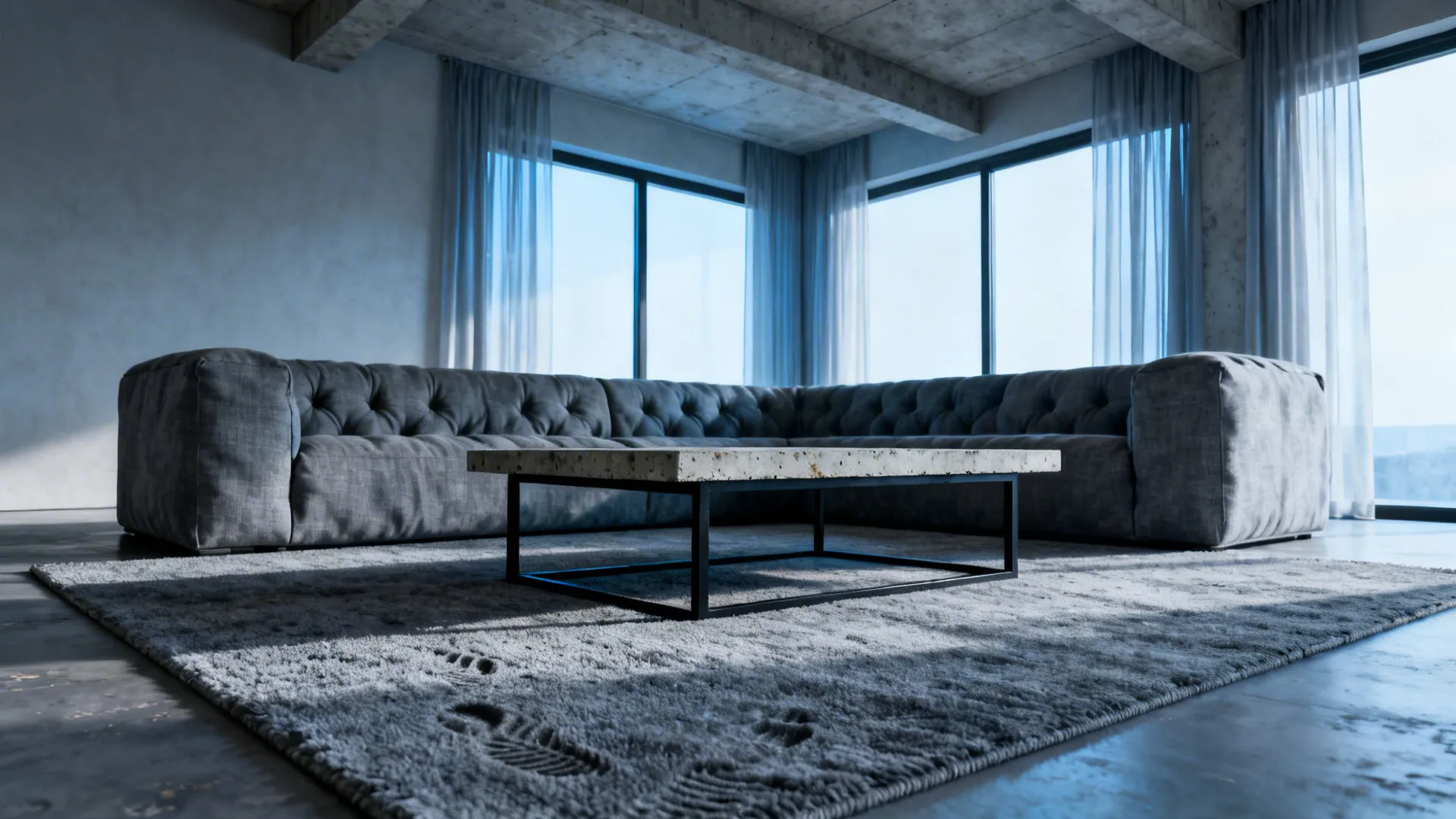Modern living area with a cool gray textured rug, black metal coffee table and cool-toned sofa.