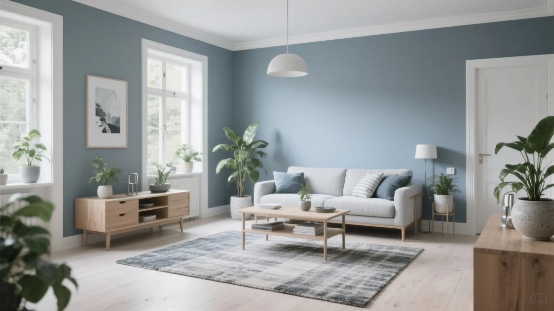Blue living room with white sofa, wood cabinet, green plants, rug and white ceiling light