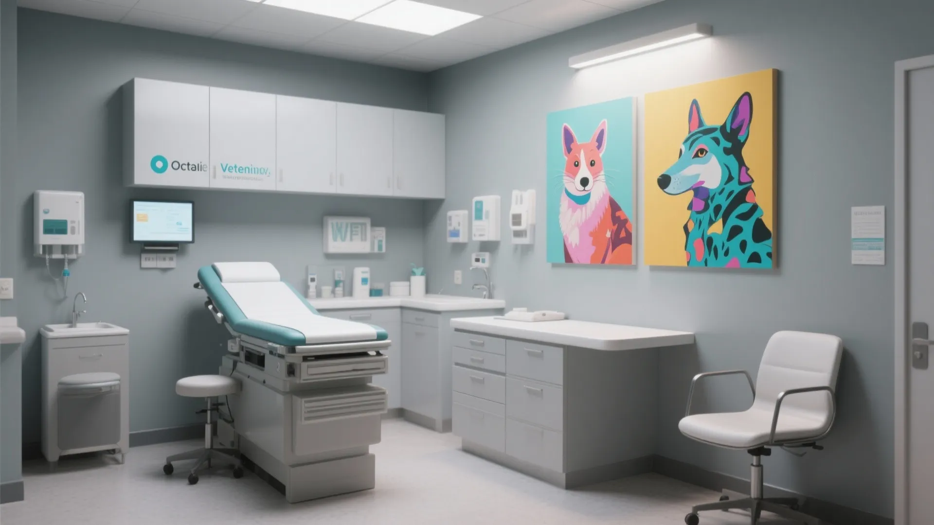 Treatment room with cool gray walls and colorful pet artwork