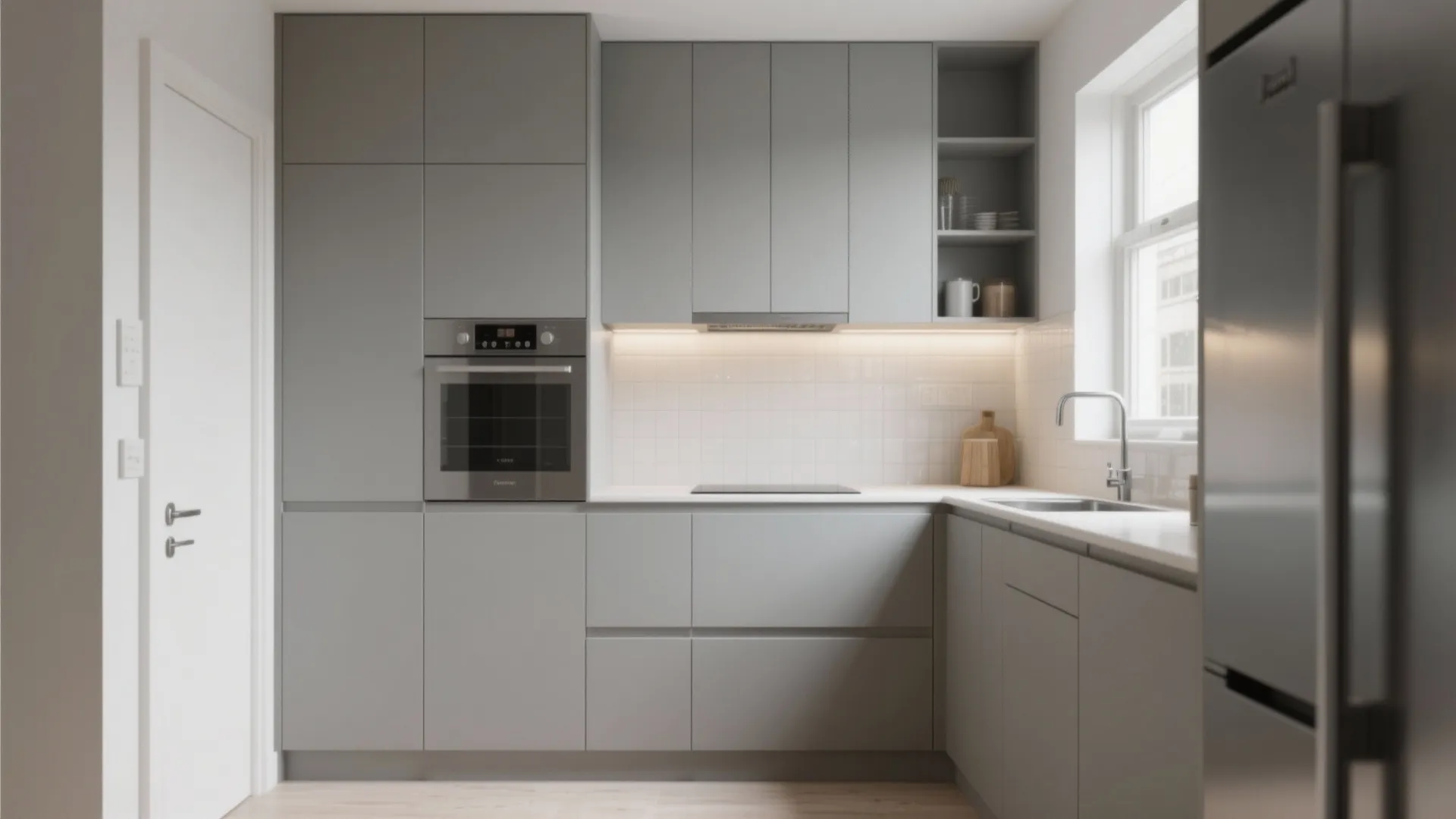 Modern grey kitchen with built in oven minimalist cabinets white tiles and warm under cabinet lighting
