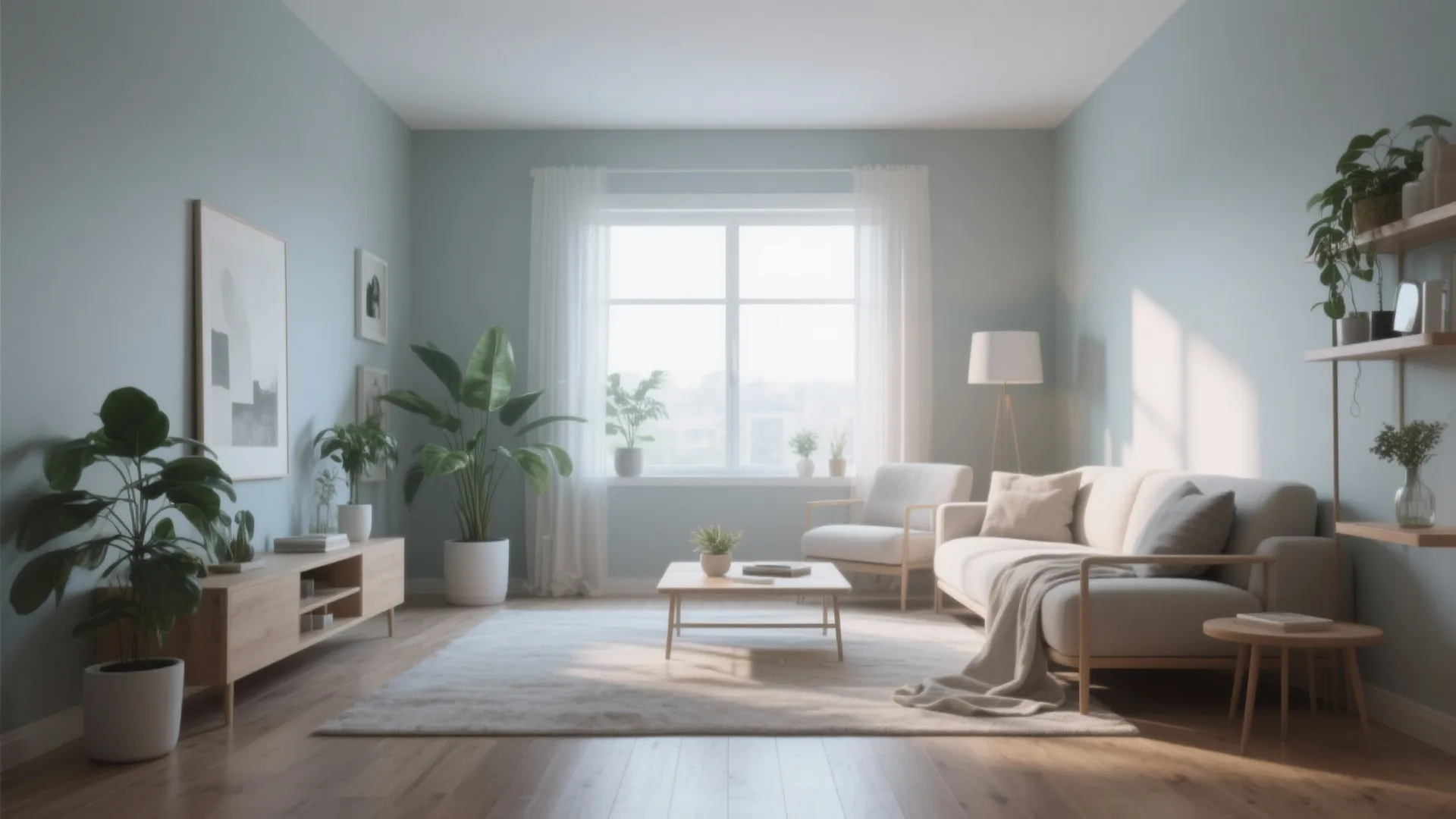 Modern living room with light blue walls beige sofa wooden coffee table and several green plants
