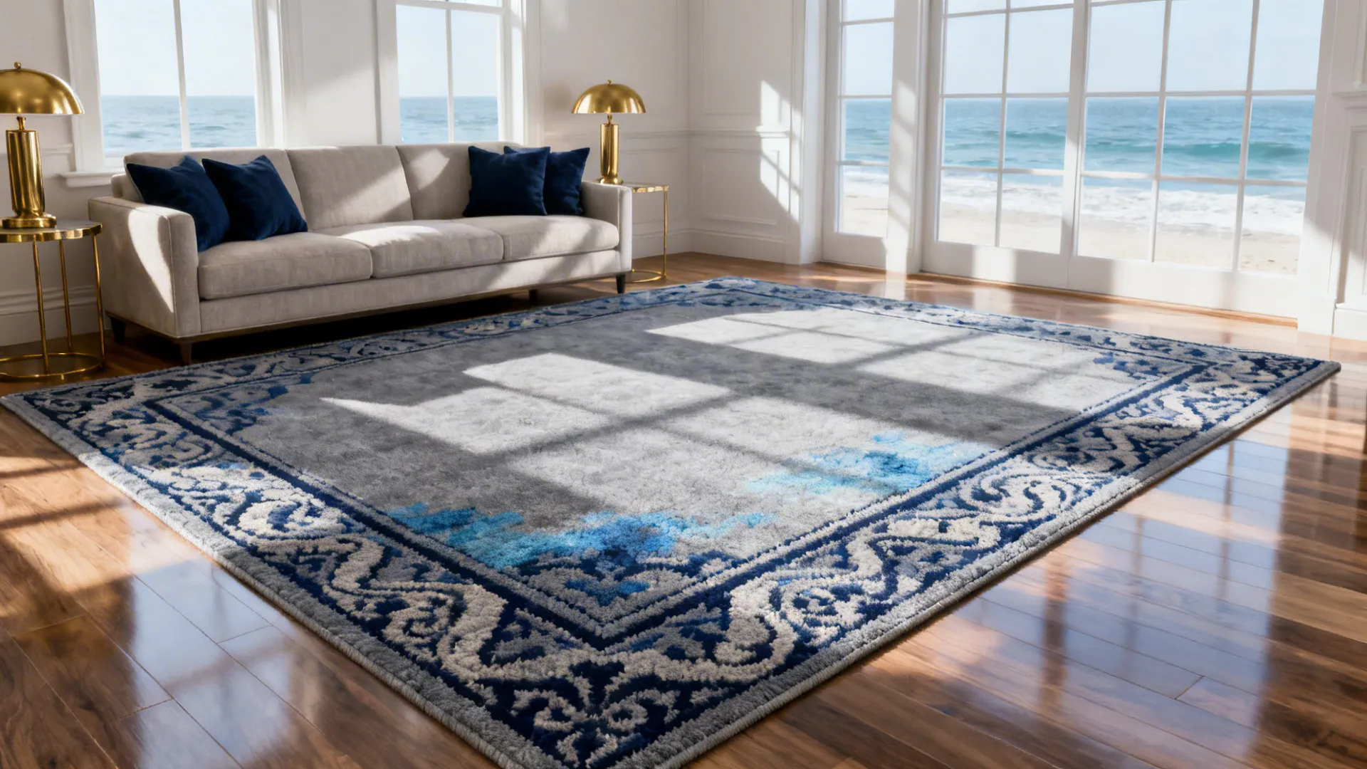 Living room with a cool-toned grey rug with blue undertones paired with navy accents and brass fixtures