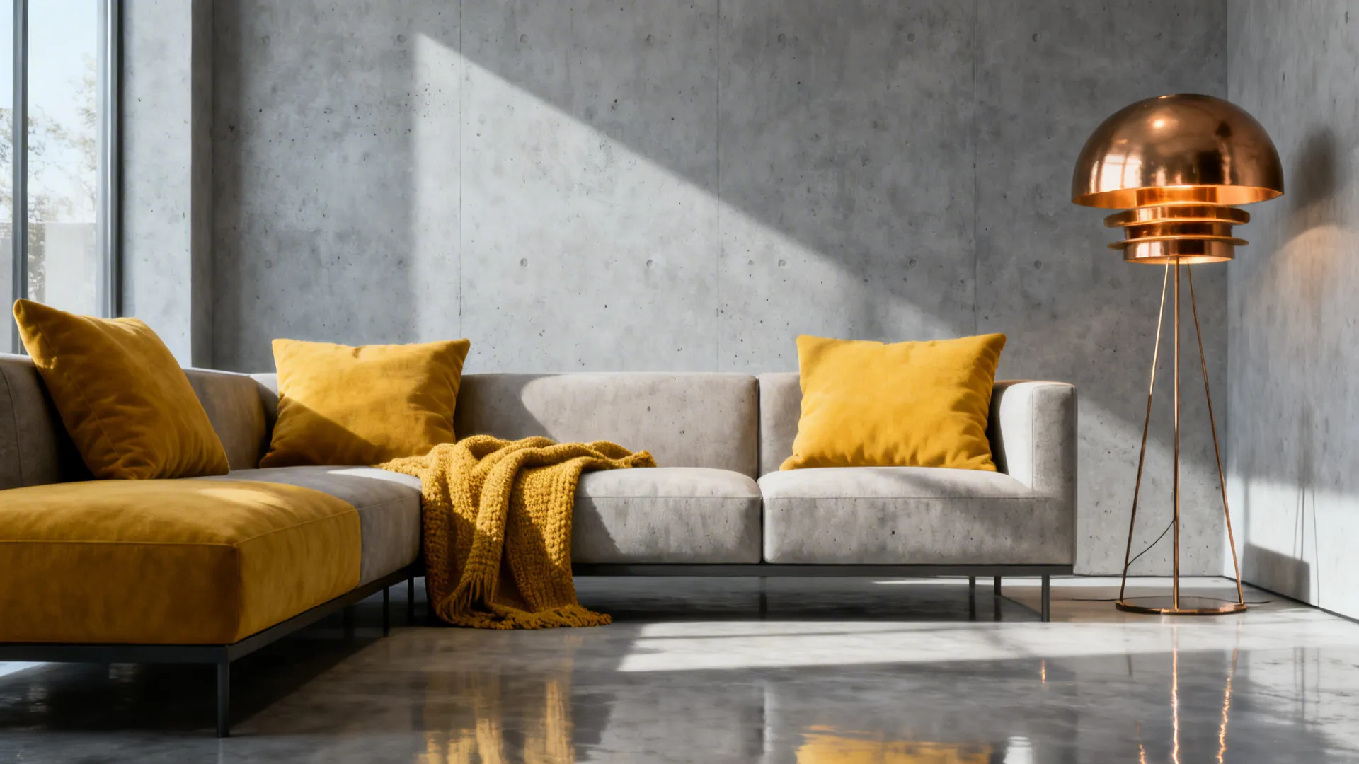 Narrow living room with cool grey walls and mustard yellow accent textiles pulling the eye along the space.