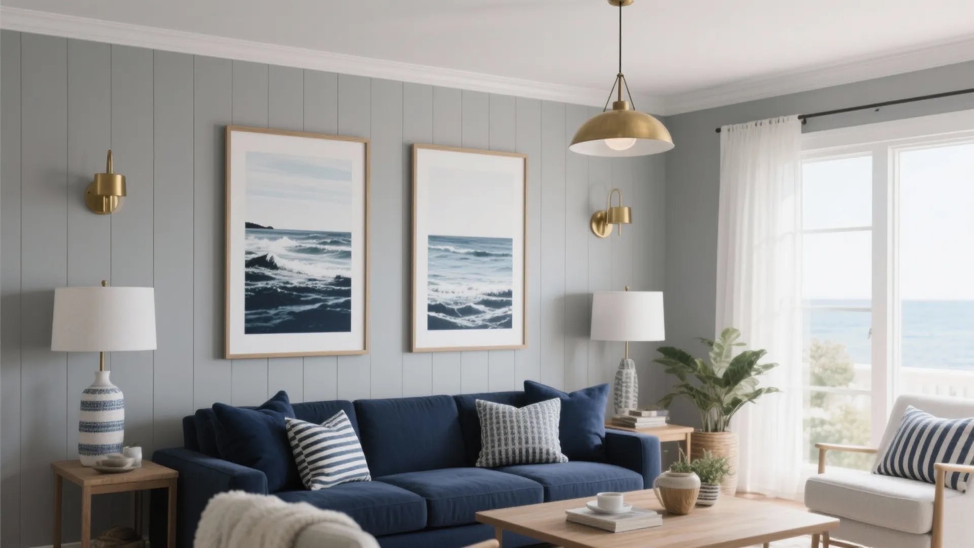 Cool grey living room with navy accents and brass lights