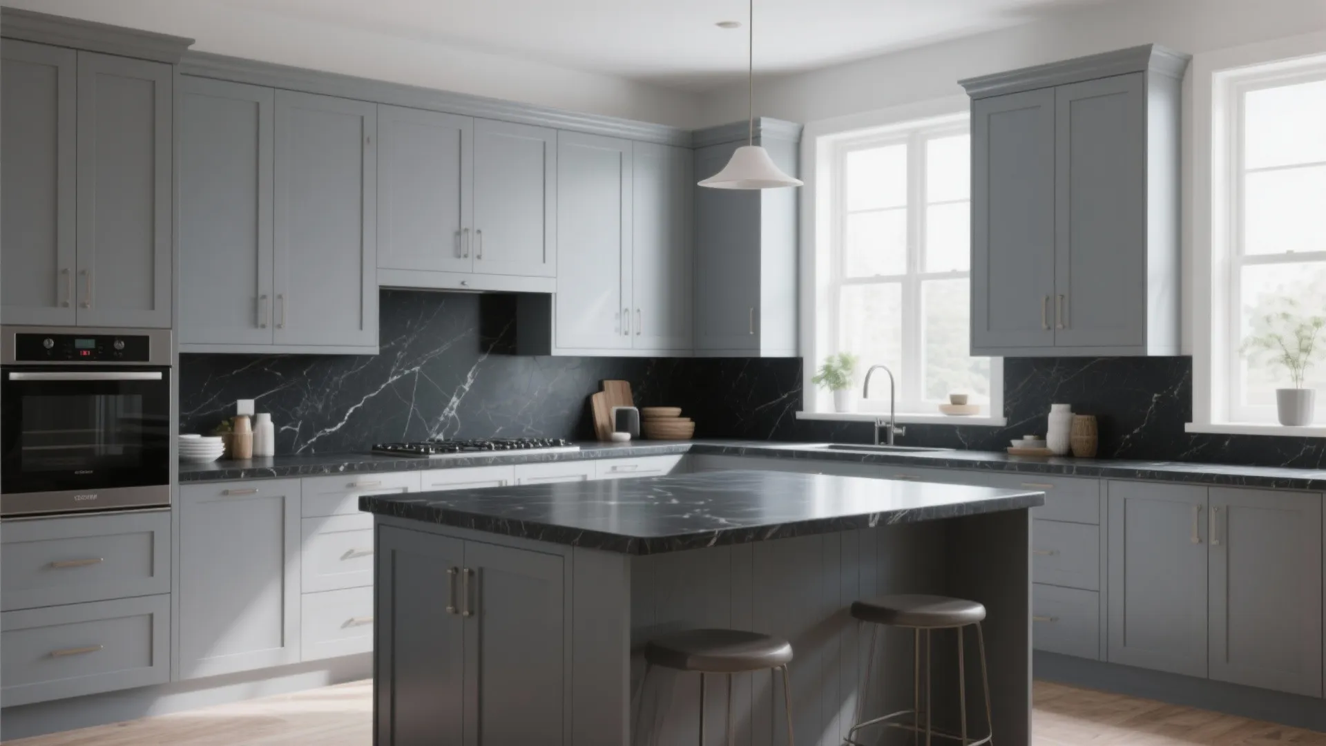 2. Cool Grey Shaker Cabinets and High-Contrast Countertops