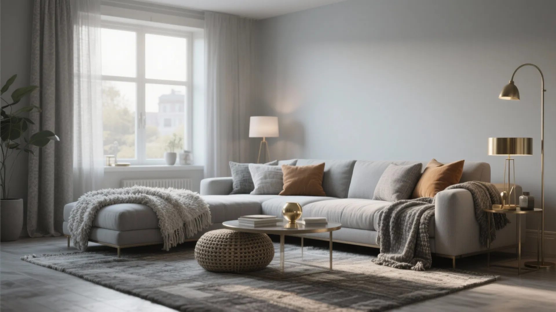 Contemporary living room with large grey sofa gold light fixture woven footrest and soft patterned rug