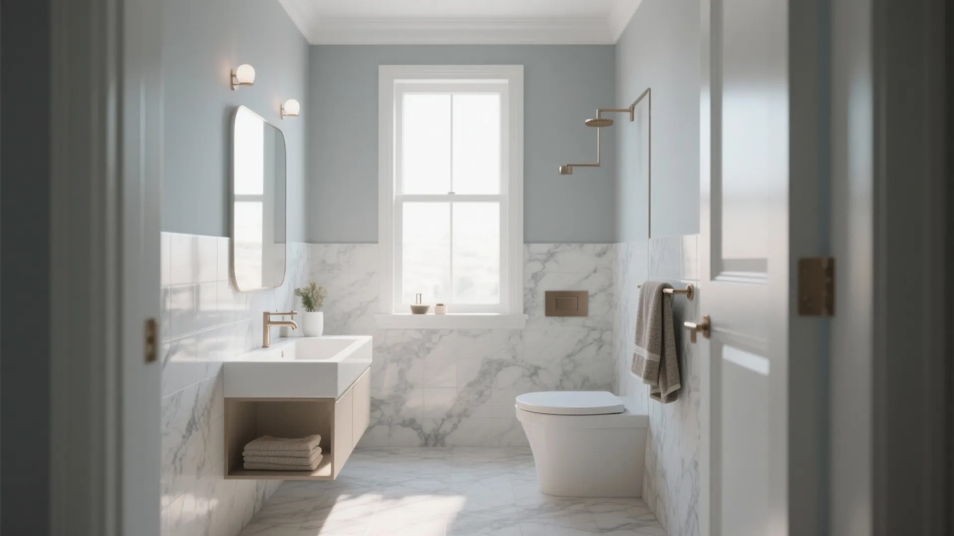 Bright small bathroom with cool light gray walls and marble-look tiles amplifying sunlight