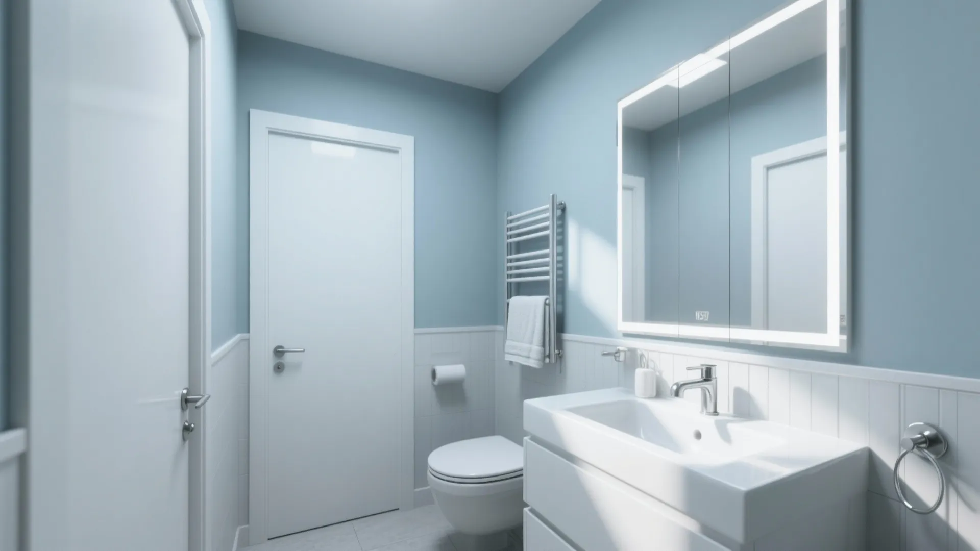 Small light blue bathroom with white wall panel white sink toilet and bright lighted mirror