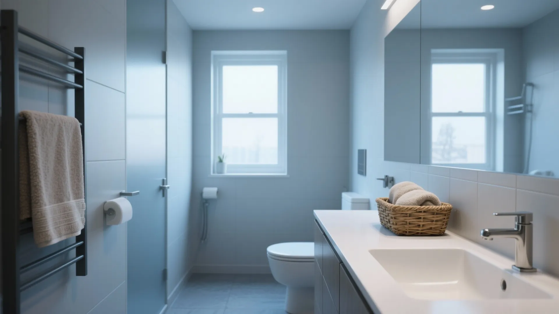 Modern blue gray bathroom with white sink, toilet, wall mirror, window, and clean towel rack
