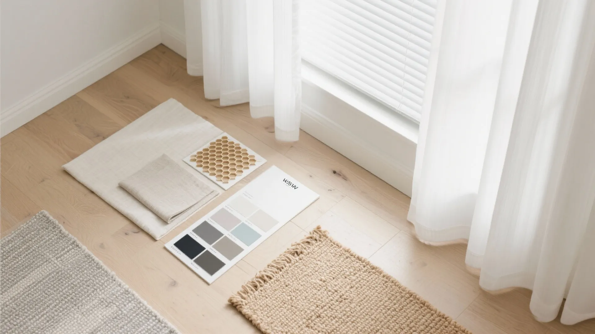 Interior design color palette and fabric samples on light wood floor by white window curtains