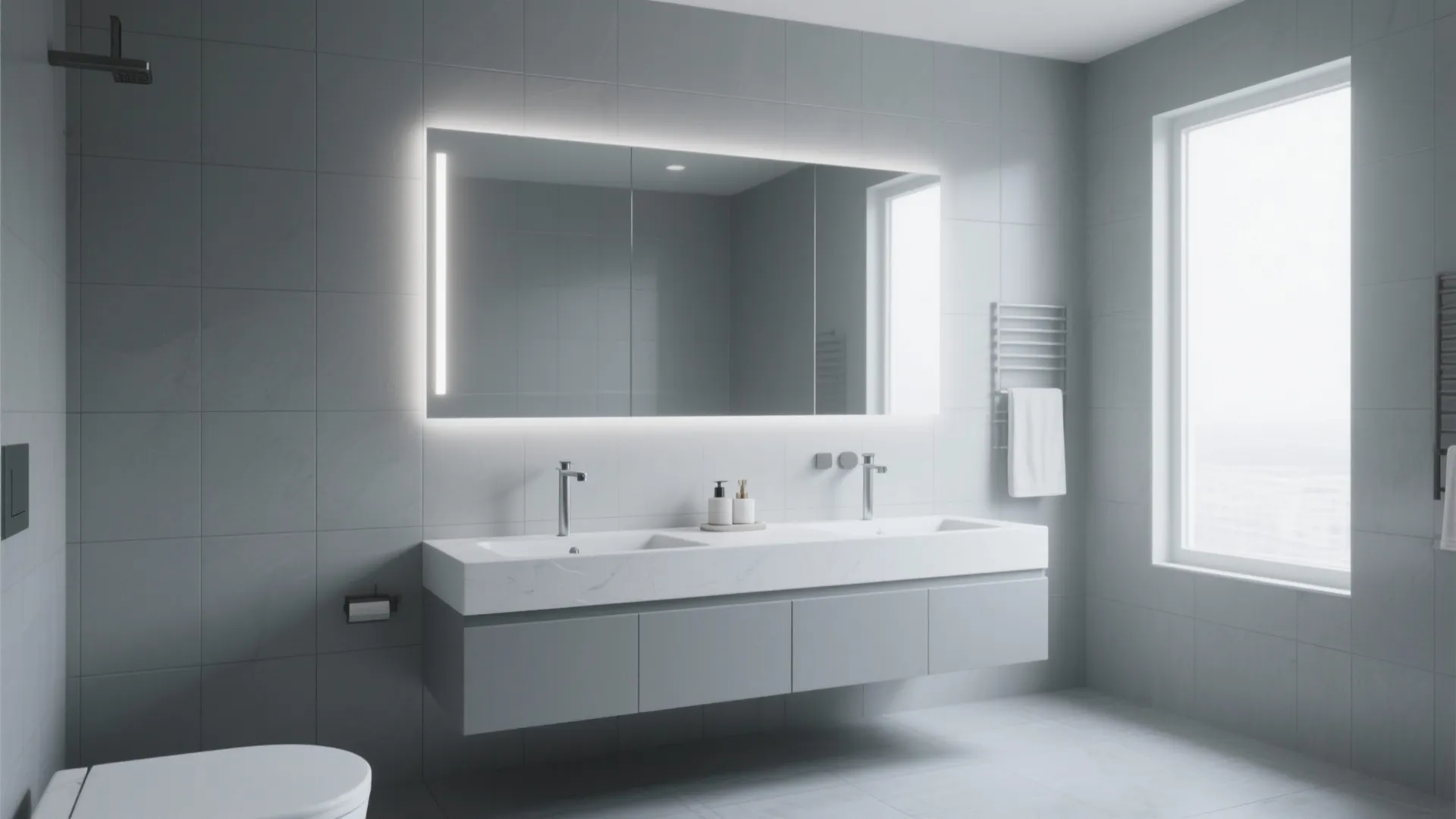 Modern bathroom with cool mid-tone gray walls, white trim and large-format tiles for a seamless look.