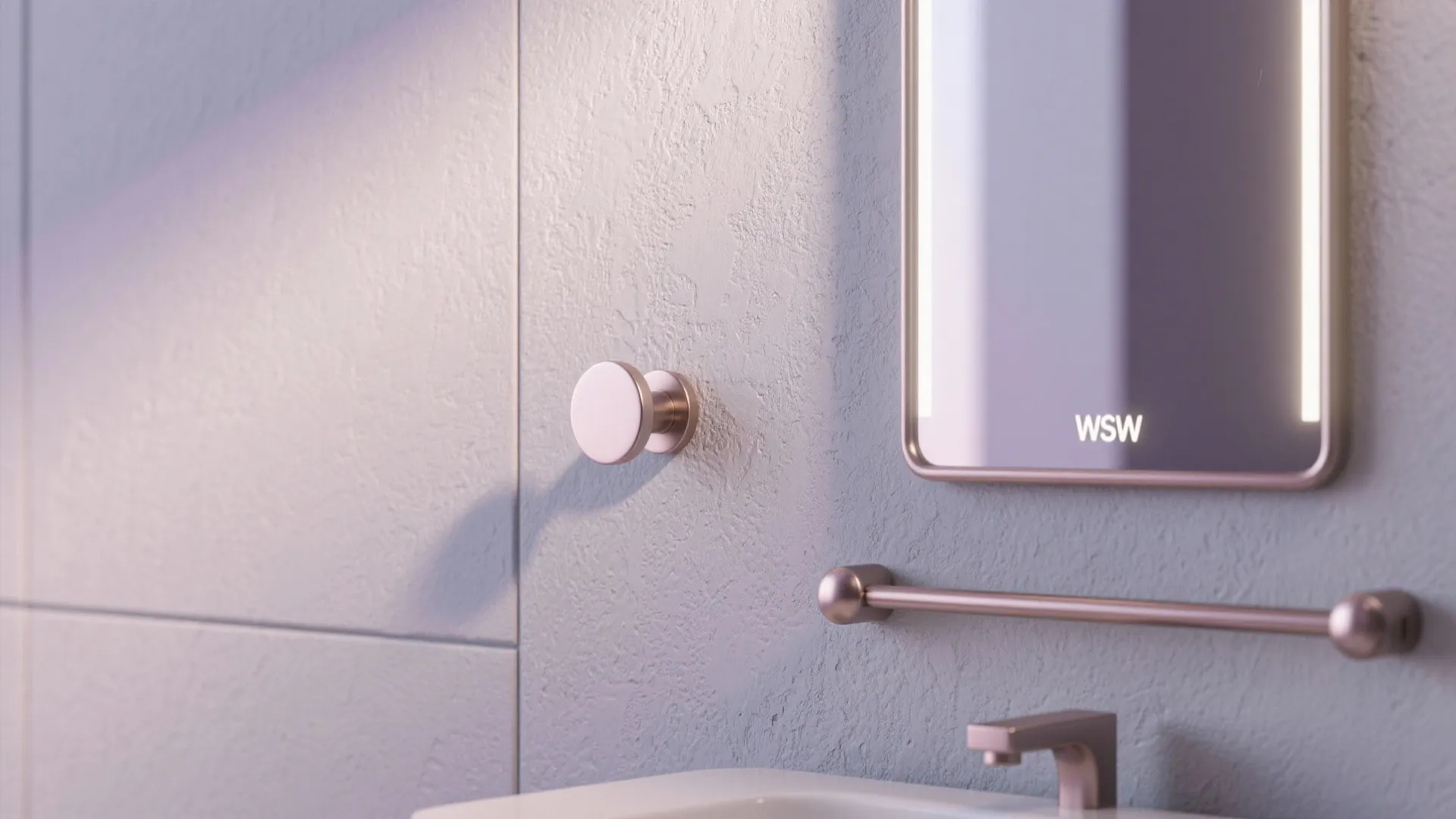 Macro view of a satin cool neutral wall with metallic accents and mirror reflection to amplify brightness.