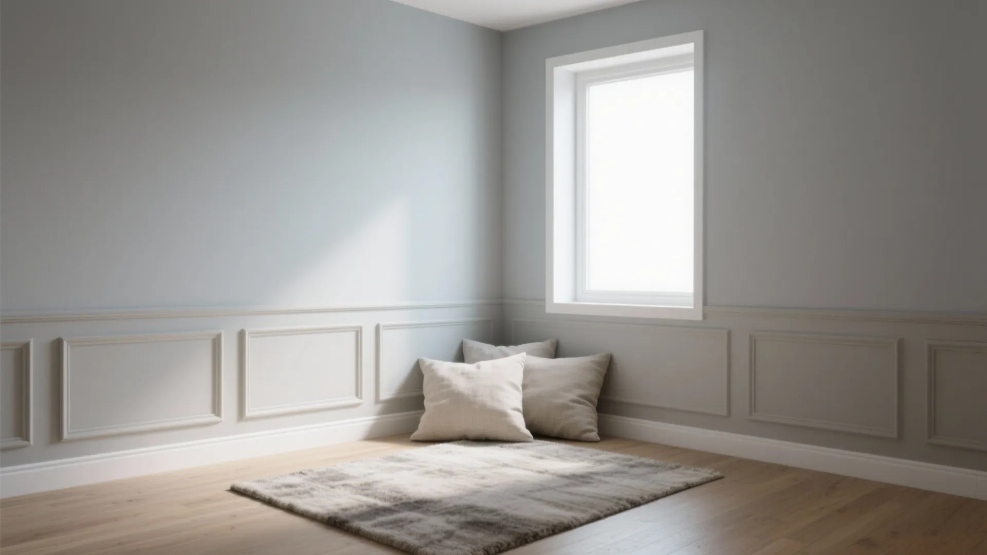 Empty grey room with wall panel details plus pillows and small rug on wooden floor