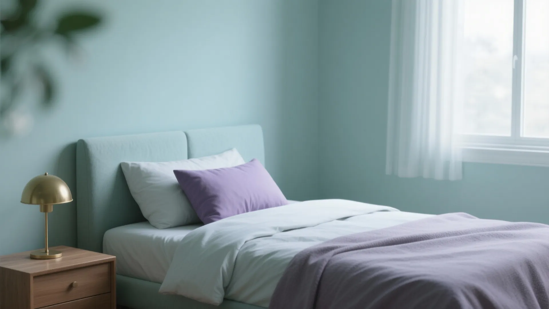 Minimalist bedroom with pale blue walls purple pillow gold table lamp and white window curtains